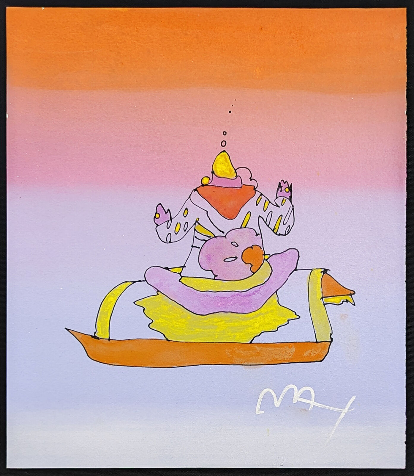A painting of a cat in a boat on a pink and orange background.