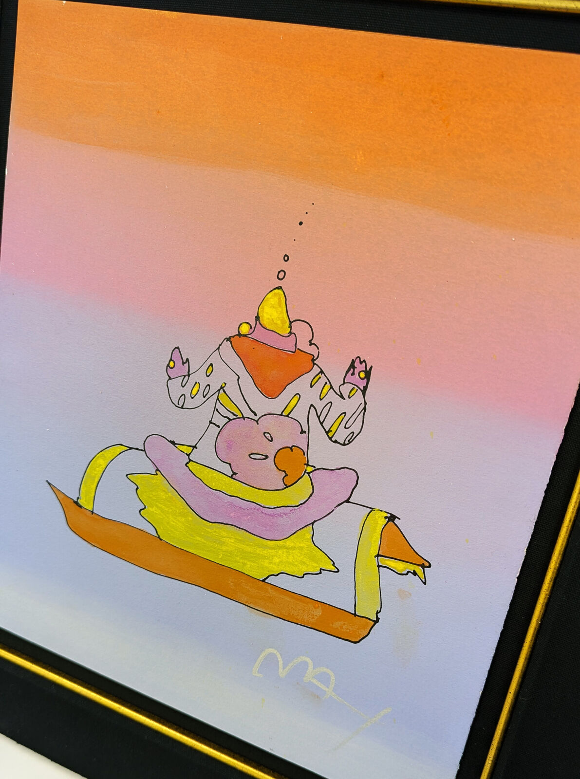 A painting of a cat in a boat on a pink and orange background.