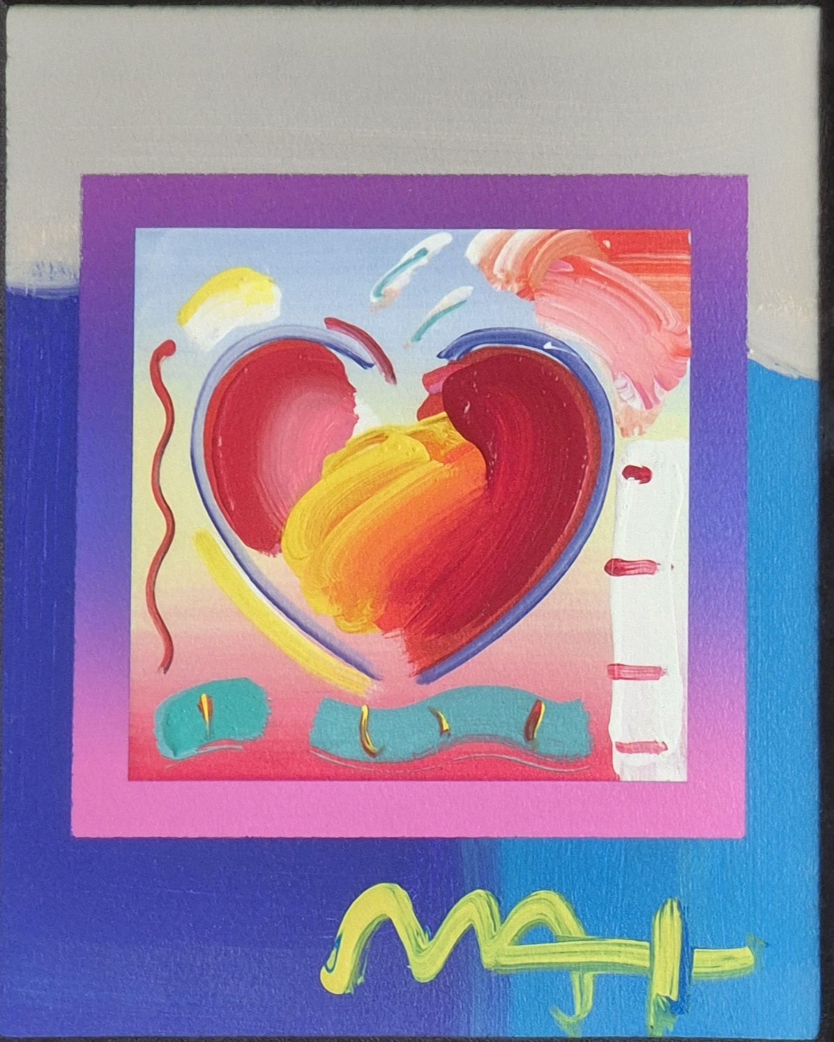A painting of a red heart on a blue background.