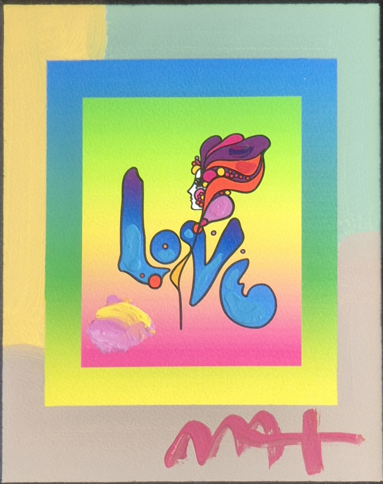 A colorful pop-art print featuring the word 'LOVE' in bold blue letters with a stylized figure integrated into the design.