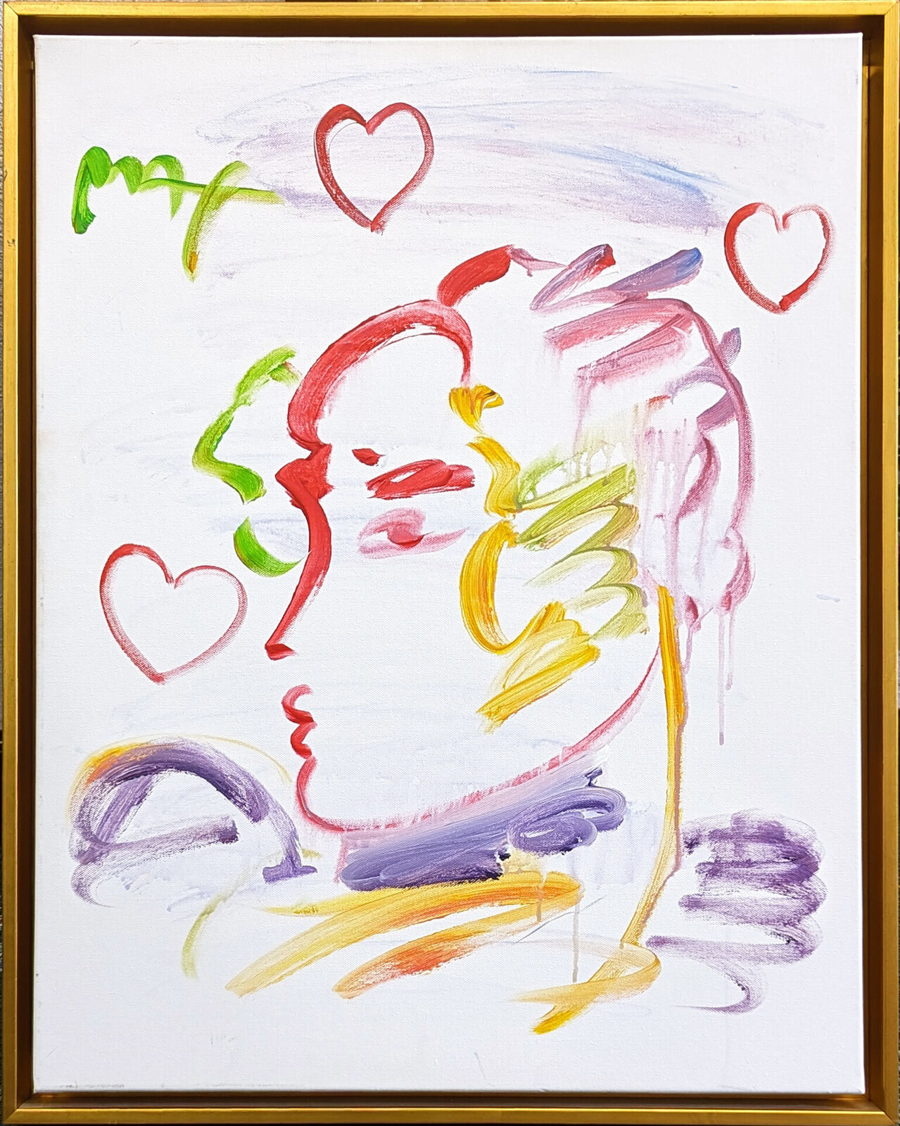 Artwork by Peter Max, Profile with Three Hearts (original painting on canvas), Made of Acrylic On Canvas 