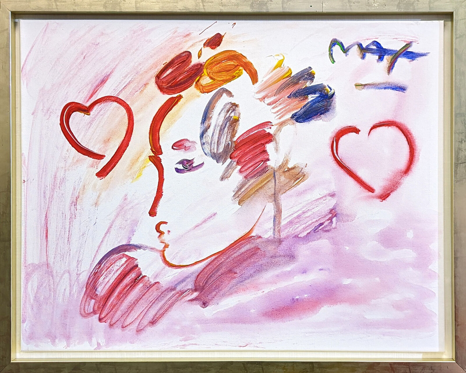 A painting of a woman's face with hearts on it.