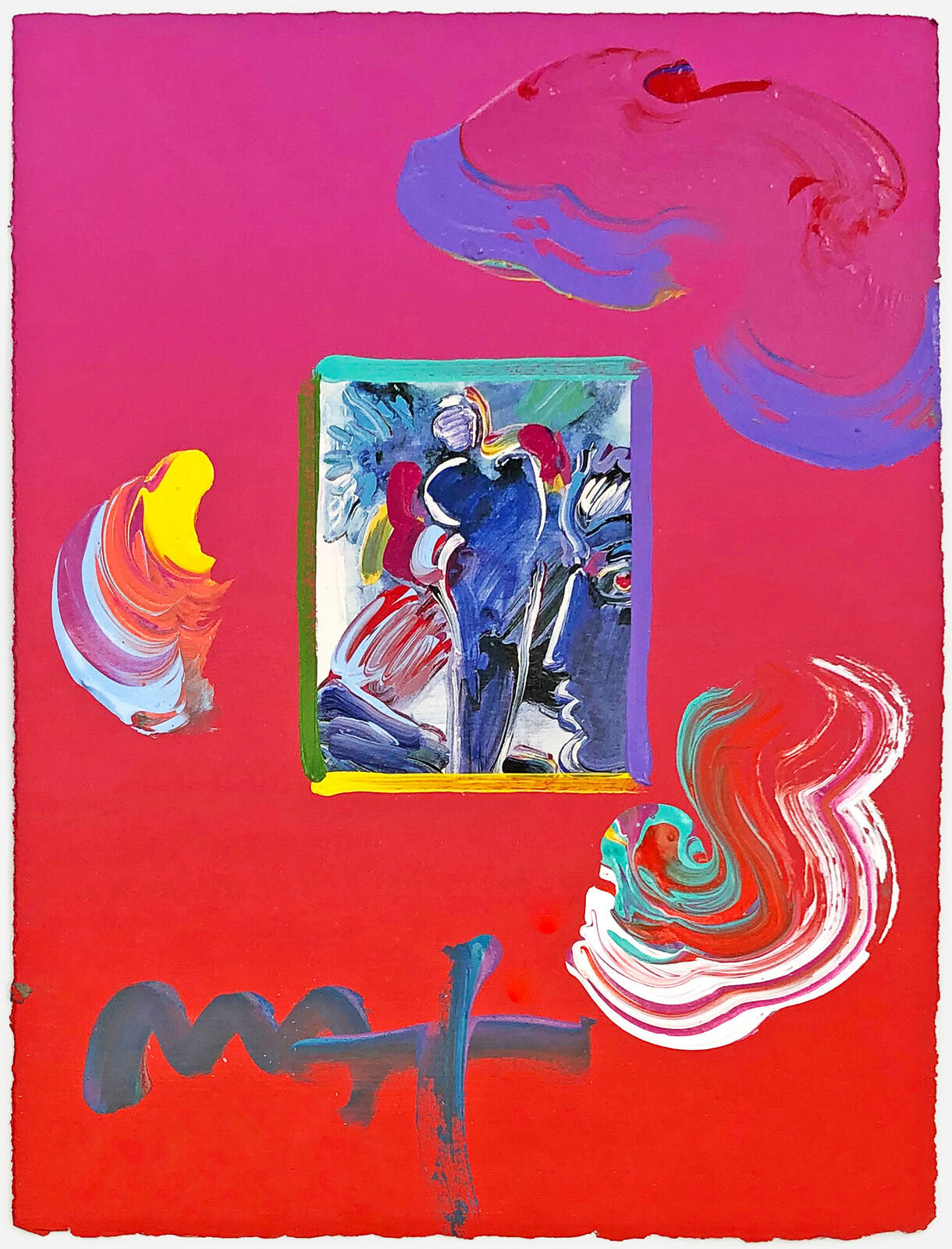 A painting of a woman in a pink frame on a red background.