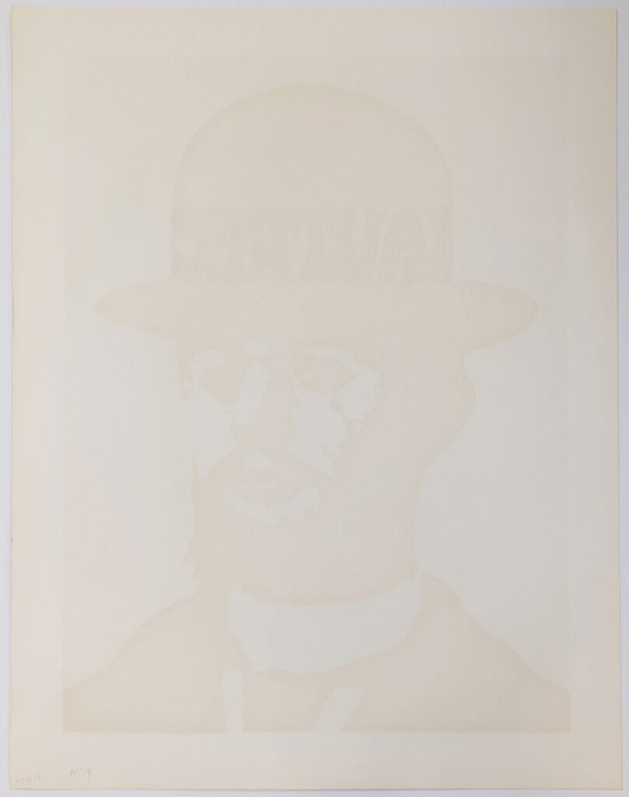 A bold graphic portrait of a bearded figure in silhouette against a light blue background, wearing a hat filled with colorful text.