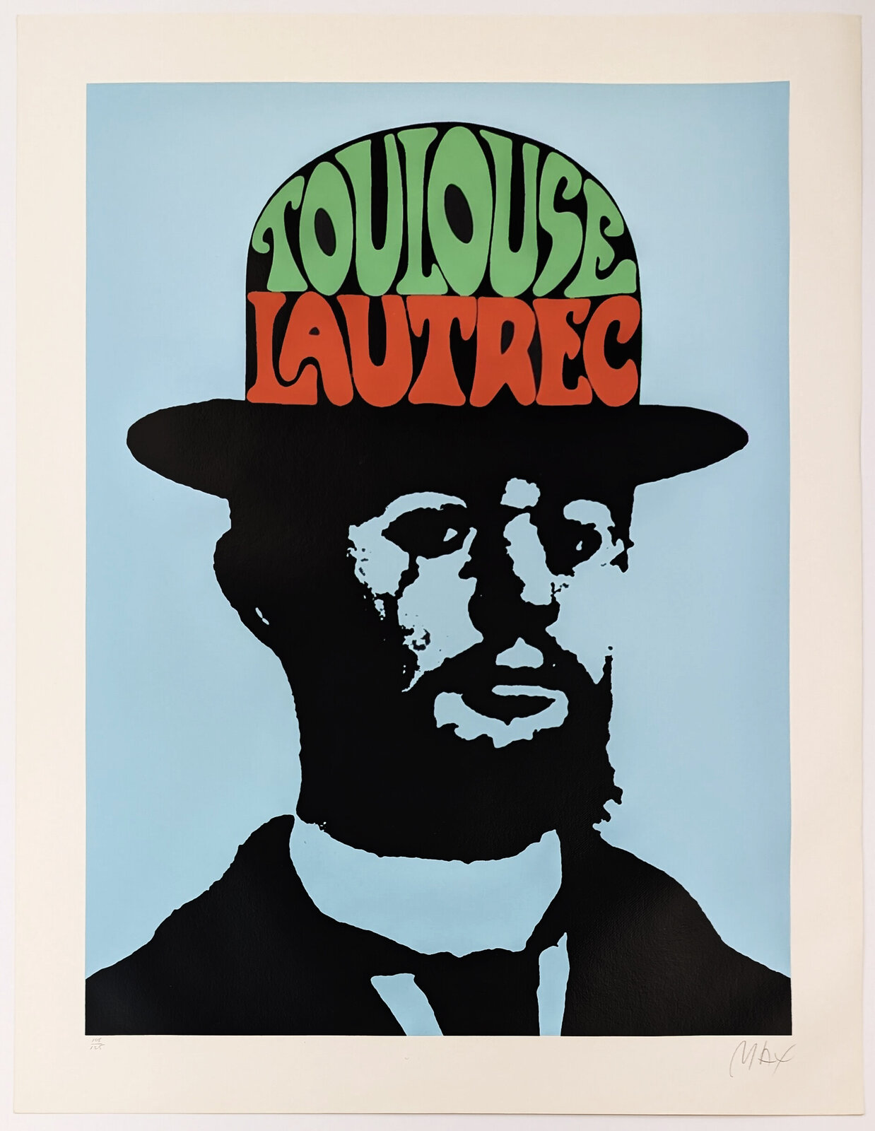 A bold graphic portrait of a bearded figure in silhouette against a light blue background, wearing a hat filled with colorful text.