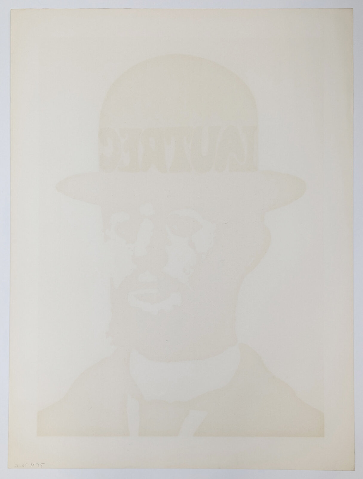 A bold graphic portrait of a bearded figure in silhouette wearing a bowler hat with colorful text.
