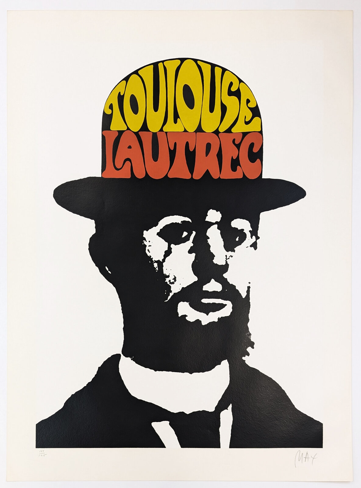A bold graphic portrait of a bearded figure in silhouette wearing a bowler hat with colorful text.