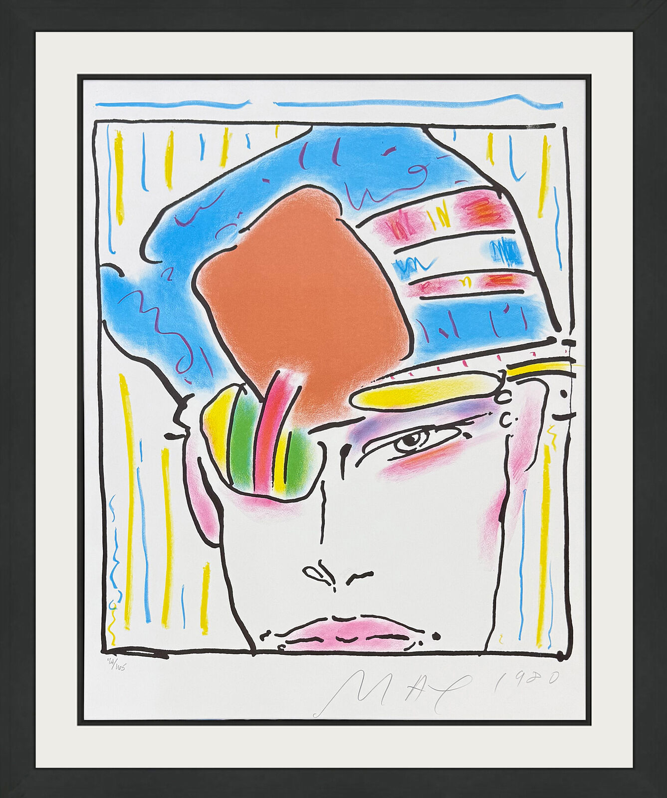 A drawing of a man's face with a hat on his head.