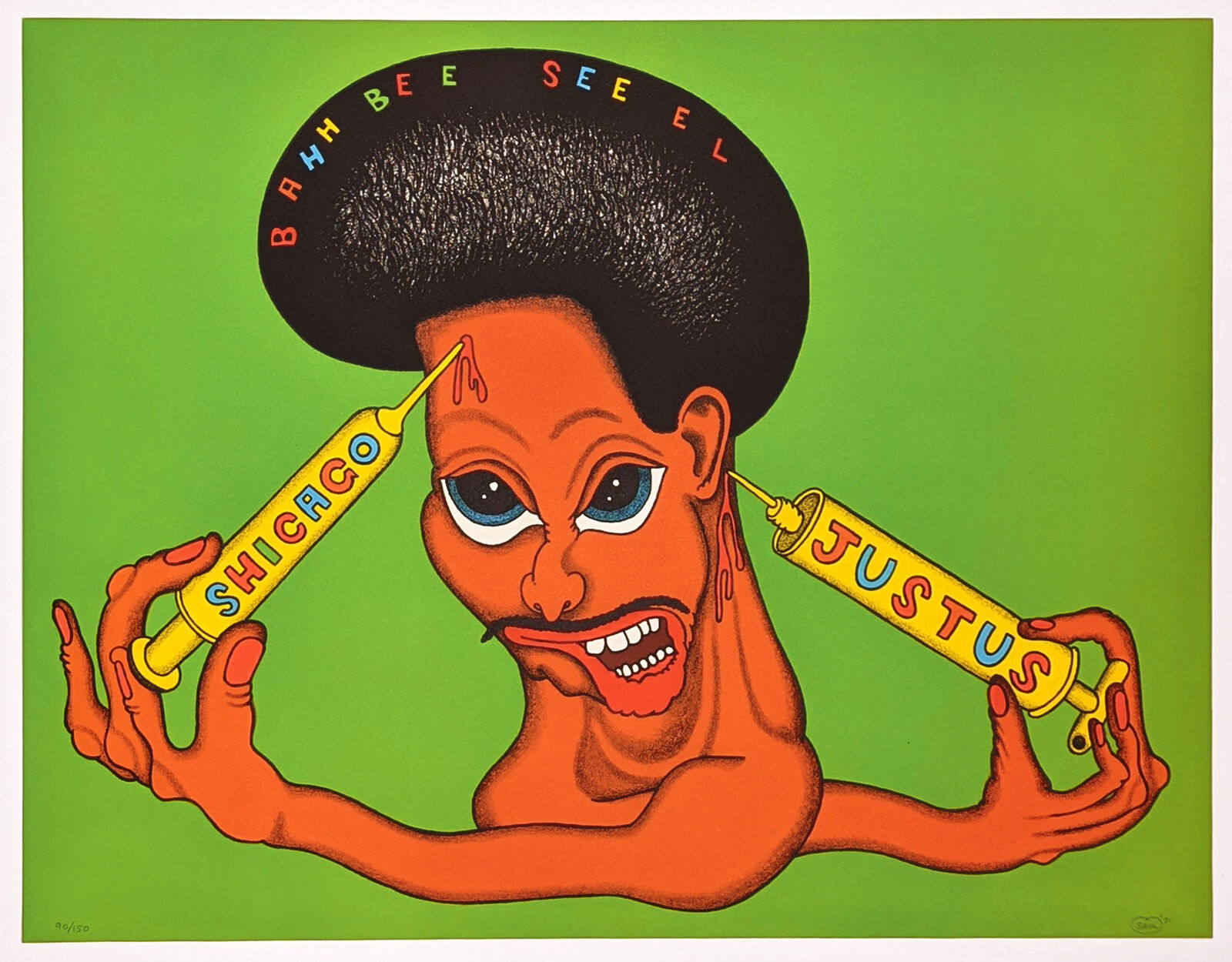 A painting of a man holding a syringe in his hand.