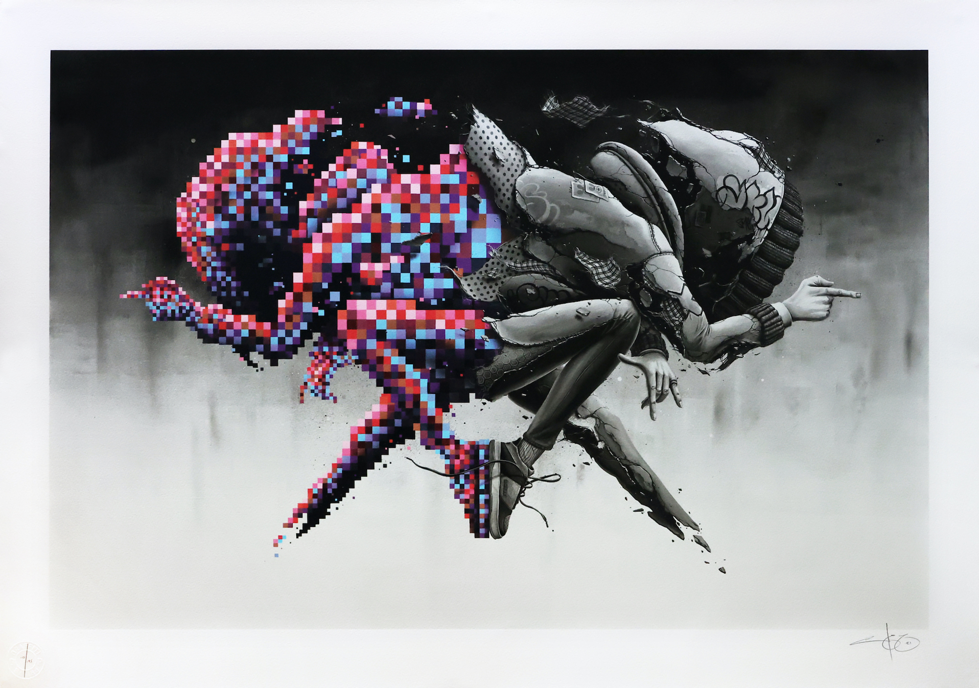 Artwork by PEZ, Double Trouble, Made of 23 colour screen print on 300gsm Somerset paper with deckled edges and emboss stamp 