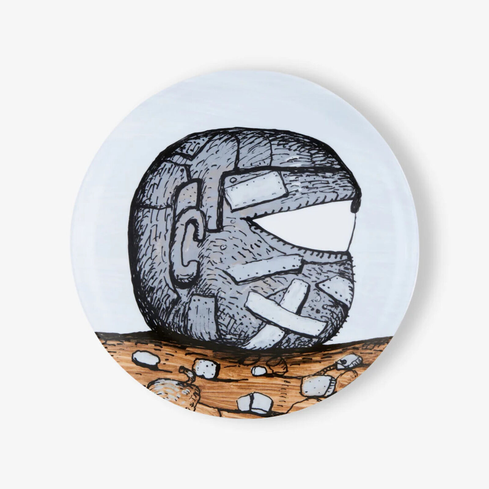 A plate with a drawing of a helmet on it.