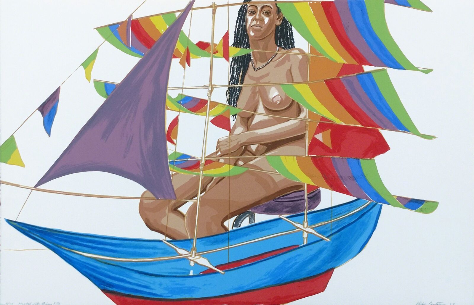 A painting of a woman sitting on a boat with colorful flags.