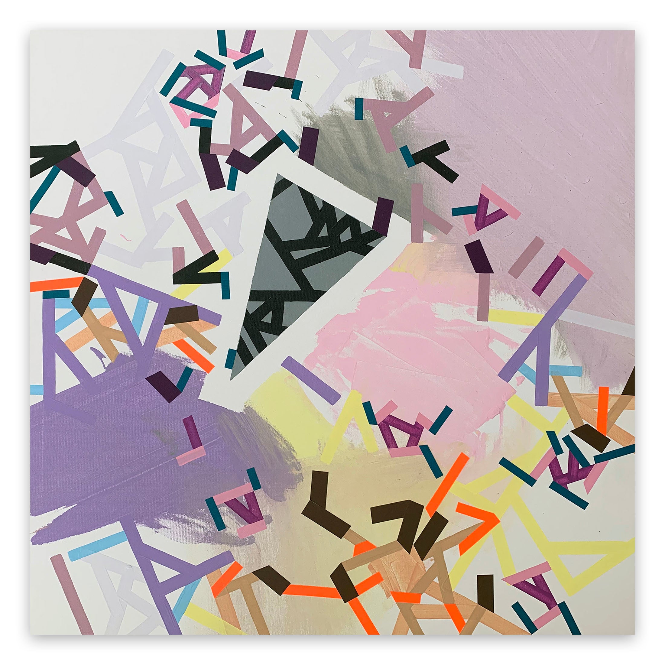 A painting on a white wall with a pink background.