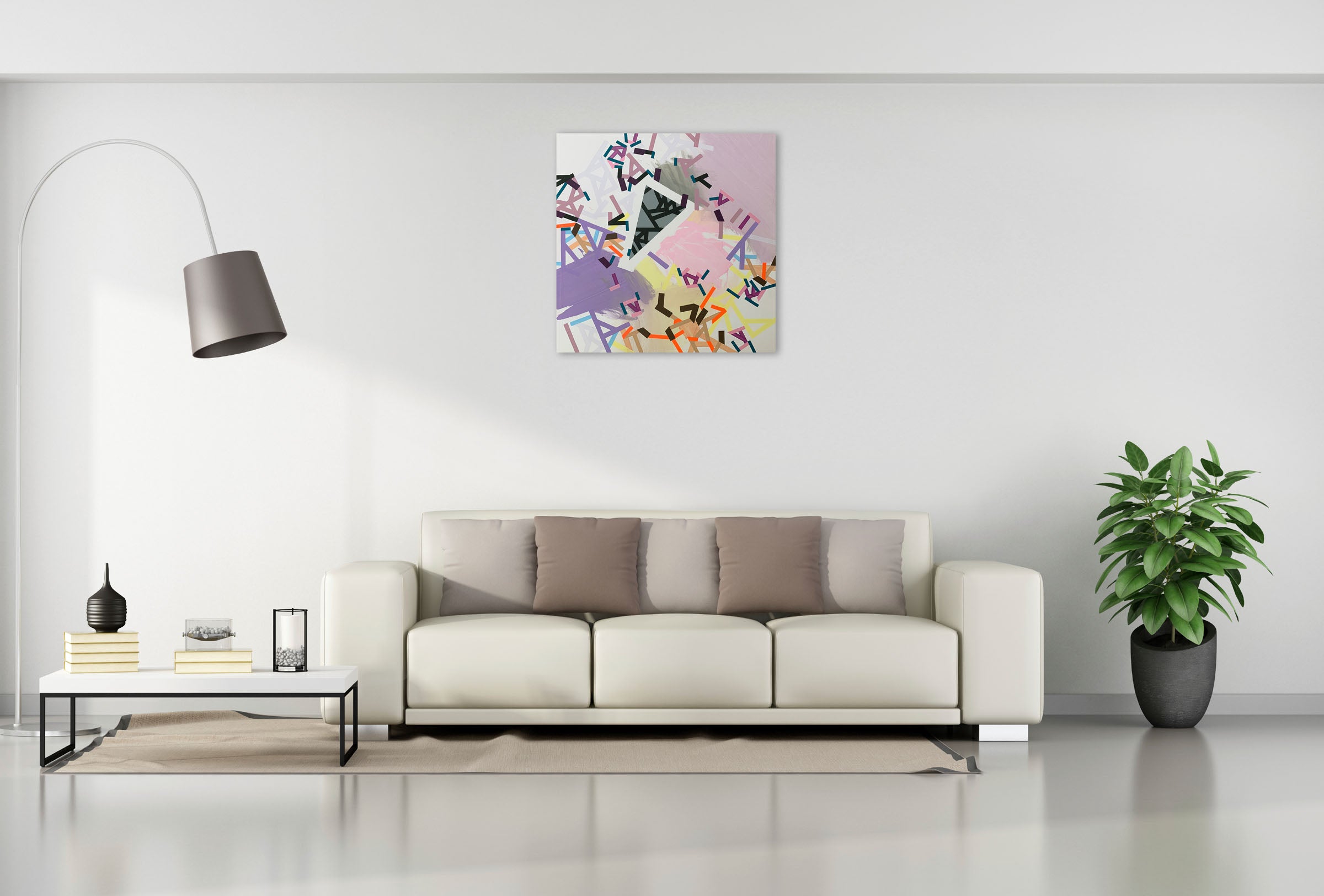 A painting on a white wall with a pink background.
