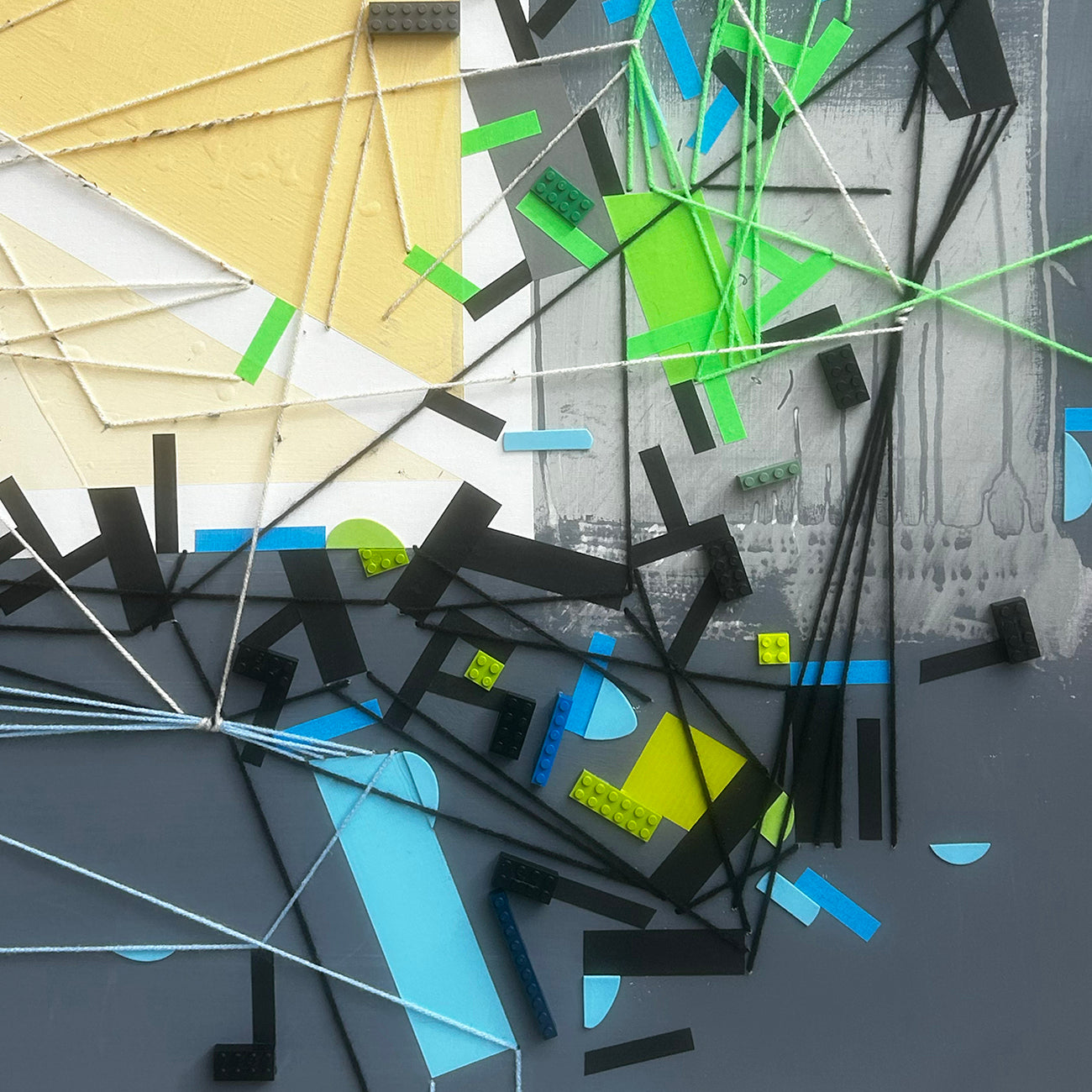 Artwork by Philippe Halaburda, Asheen Kumarii, Made of Acrylic, color tape, yarn and LEGO brick on canvas 