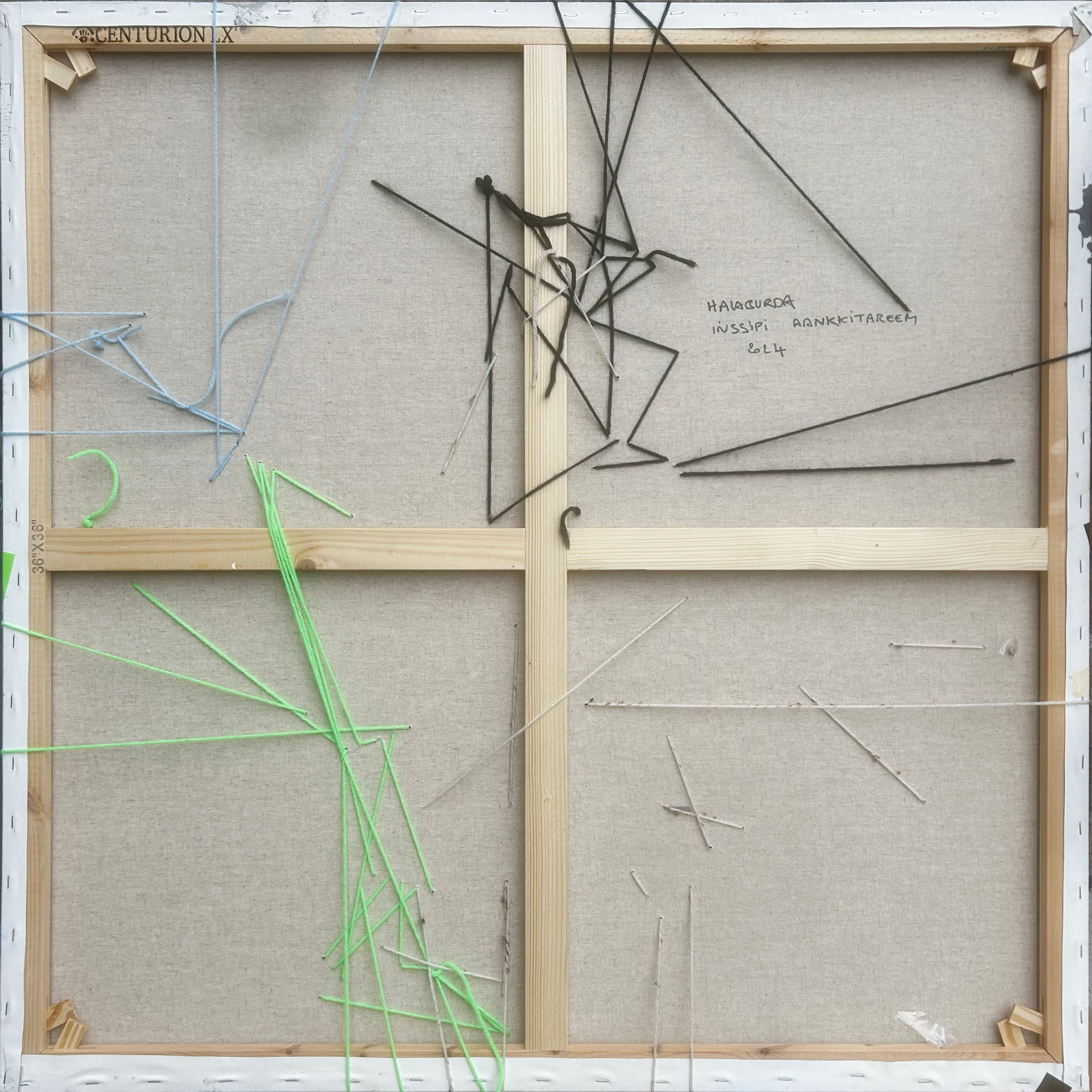 Artwork by Philippe Halaburda, Inssipi Aankkitareem, Made of Acrylic, color tape, yarn and LEGO brick on canvas 