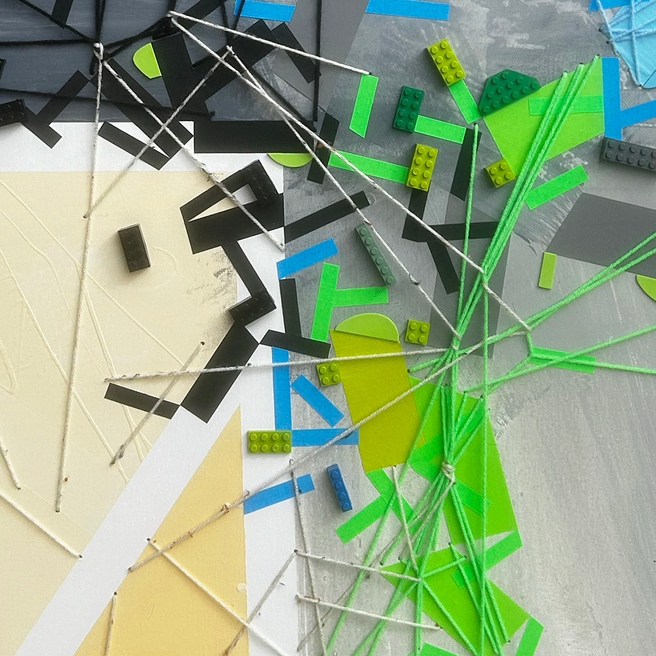 Artwork by Philippe Halaburda, Inssipi Aankkitareem, Made of Acrylic, color tape, yarn and LEGO brick on canvas 