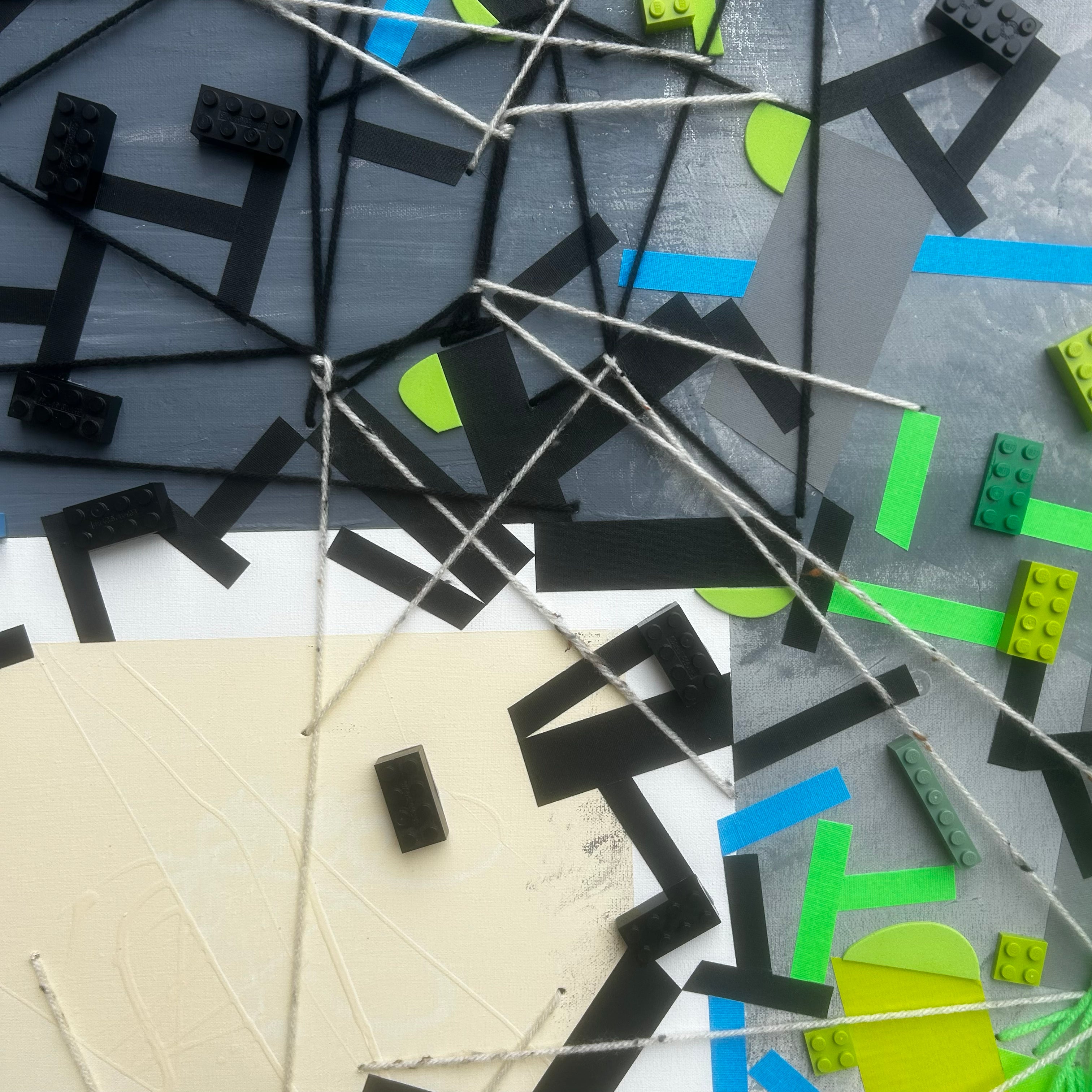 Artwork by Philippe Halaburda, Inssipi Aankkitareem, Made of Acrylic, color tape, yarn and LEGO brick on canvas 