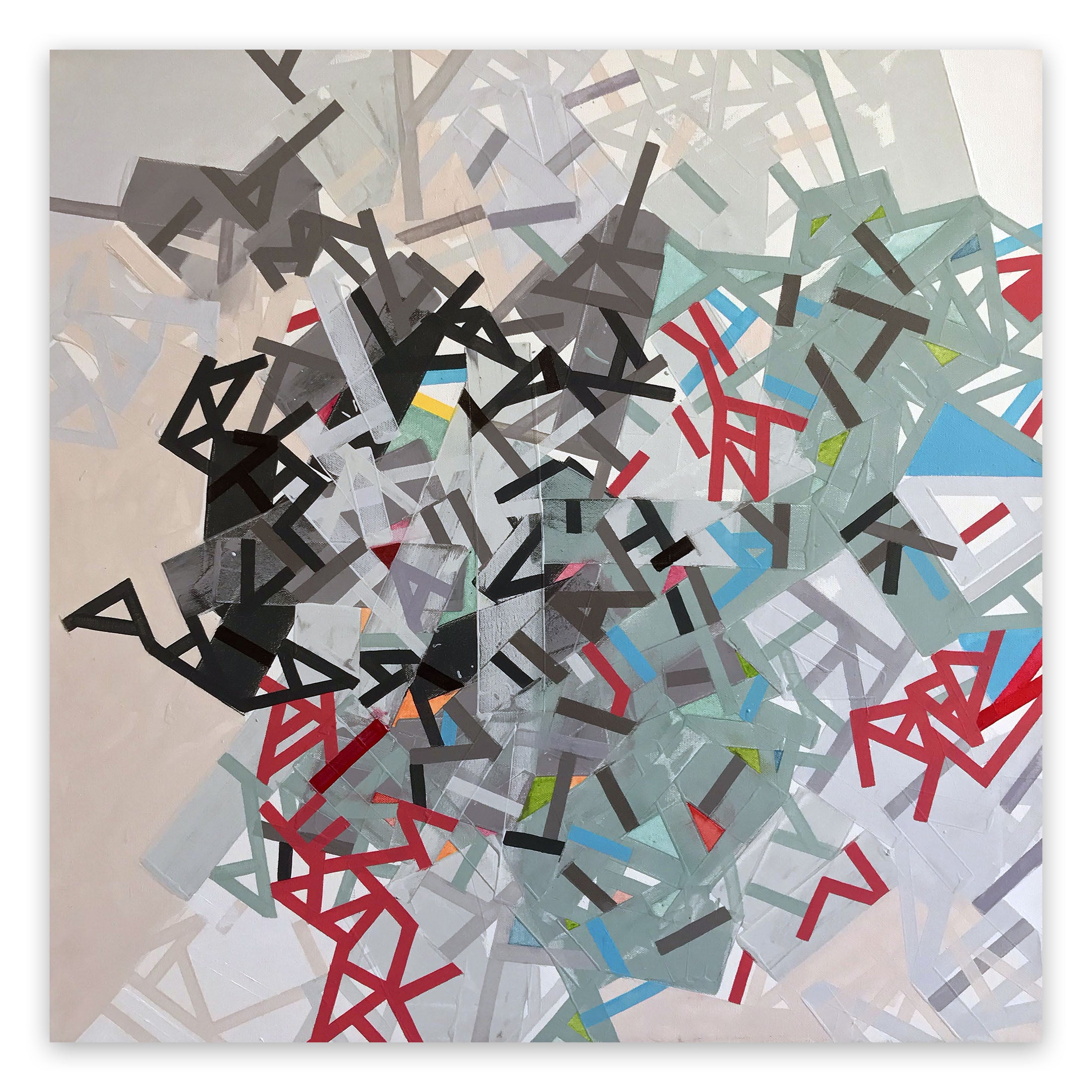 A painting of a bunch of different colored shapes on a white background.