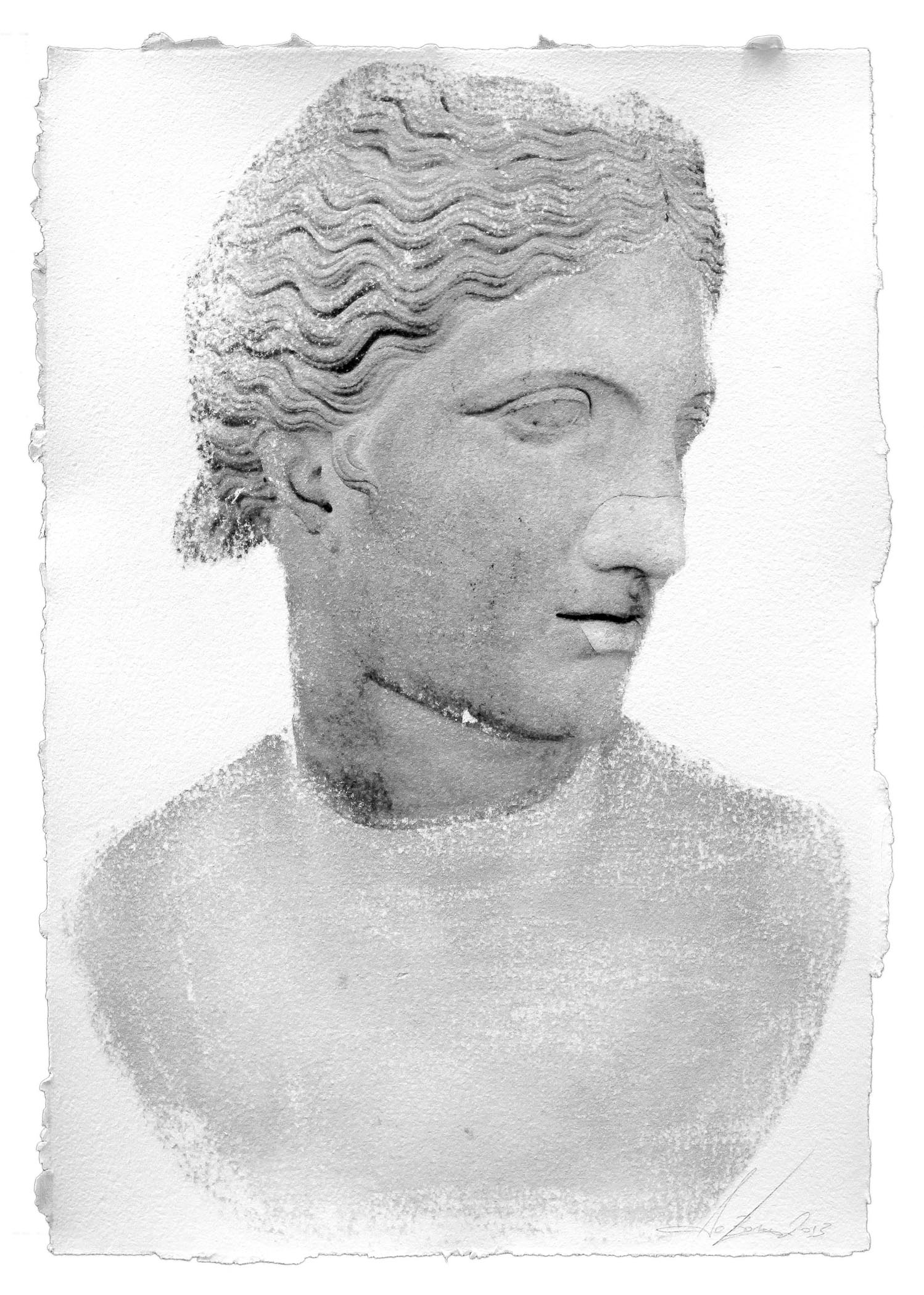 A black and white drawing of a bust of a woman.