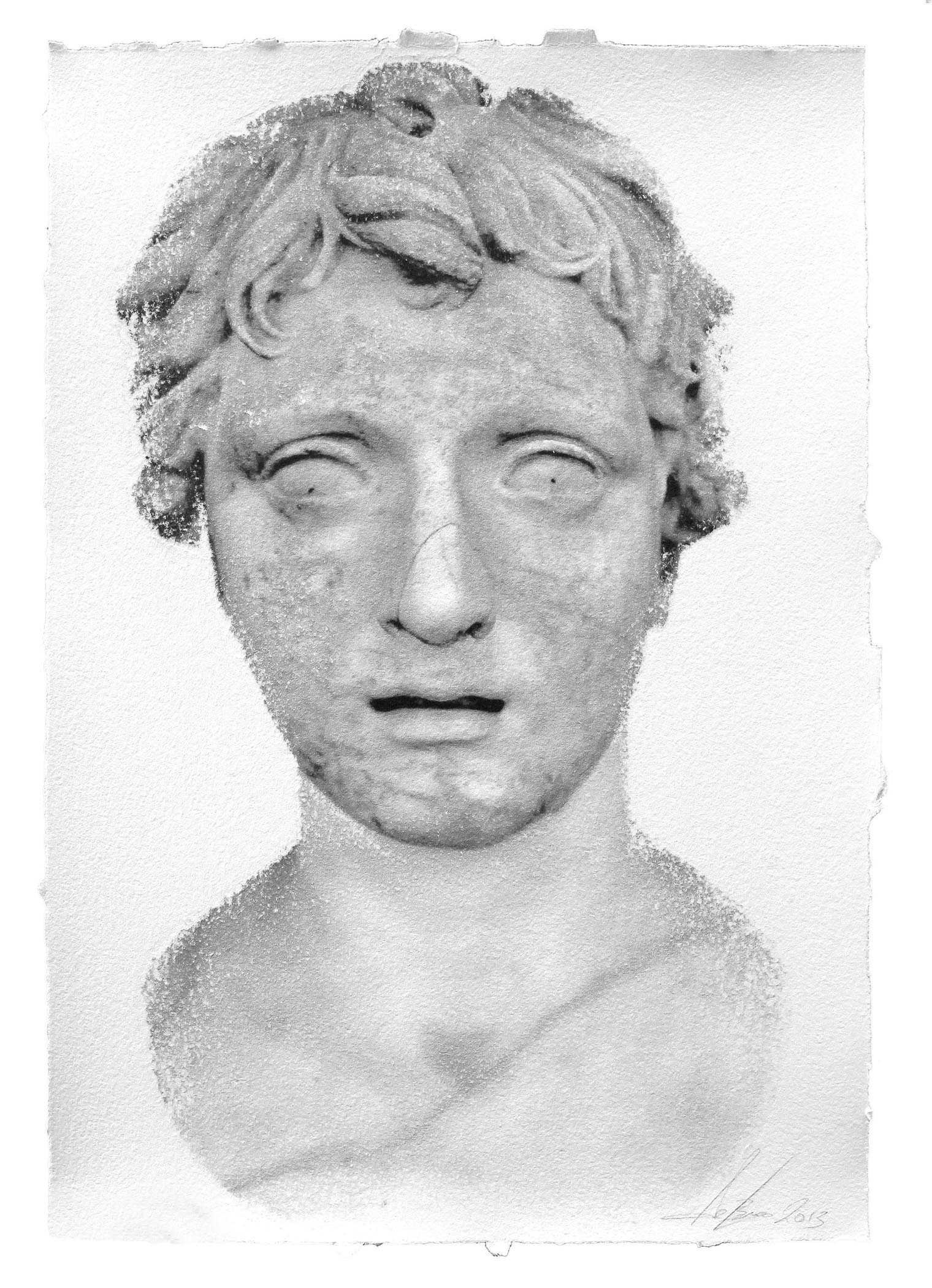 A black and white drawing of a bust of a man.
