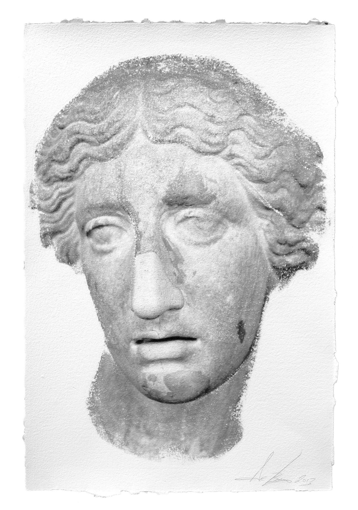 A black and white drawing of a bust of a woman's face.