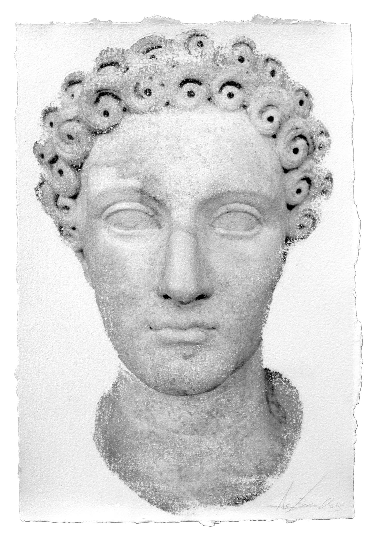 A black and white drawing of a bust of a woman.