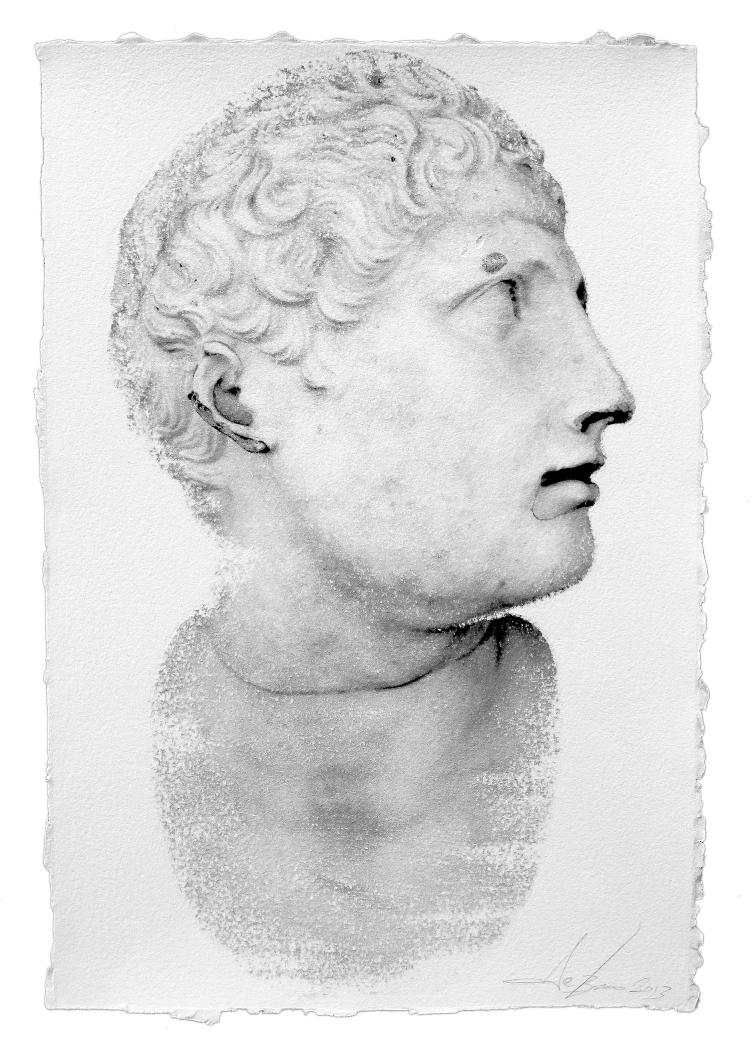 A black and white drawing of a bust of a man.