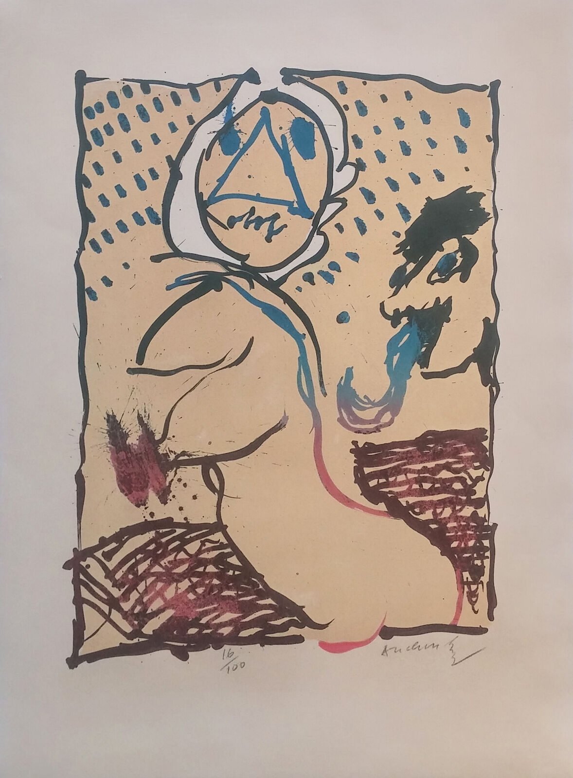 A drawing of a woman sitting on a chair.