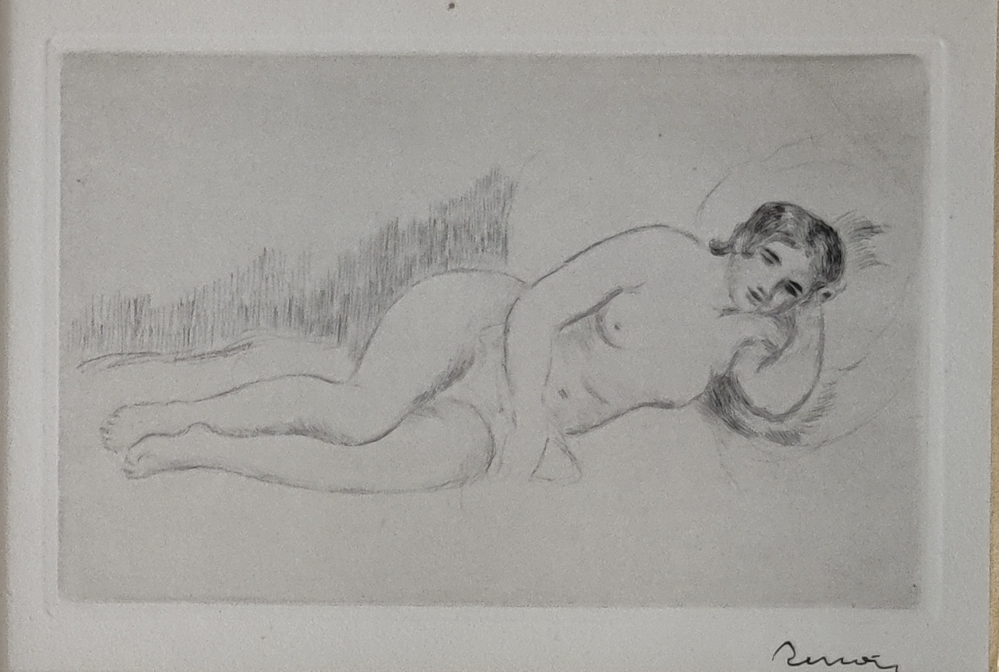 A drawing of a nude woman laying down in a frame.