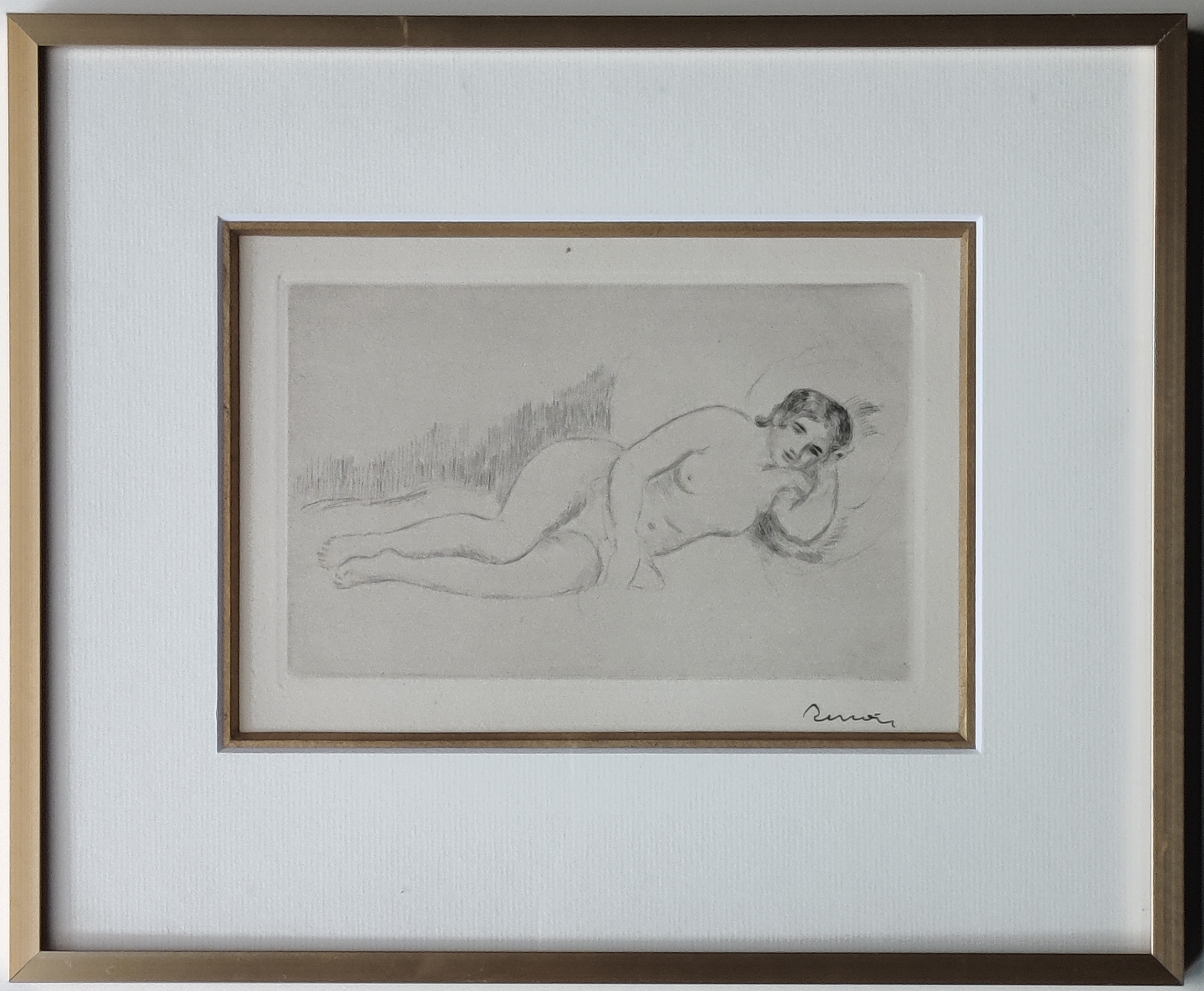 A drawing of a nude woman laying down in a frame.