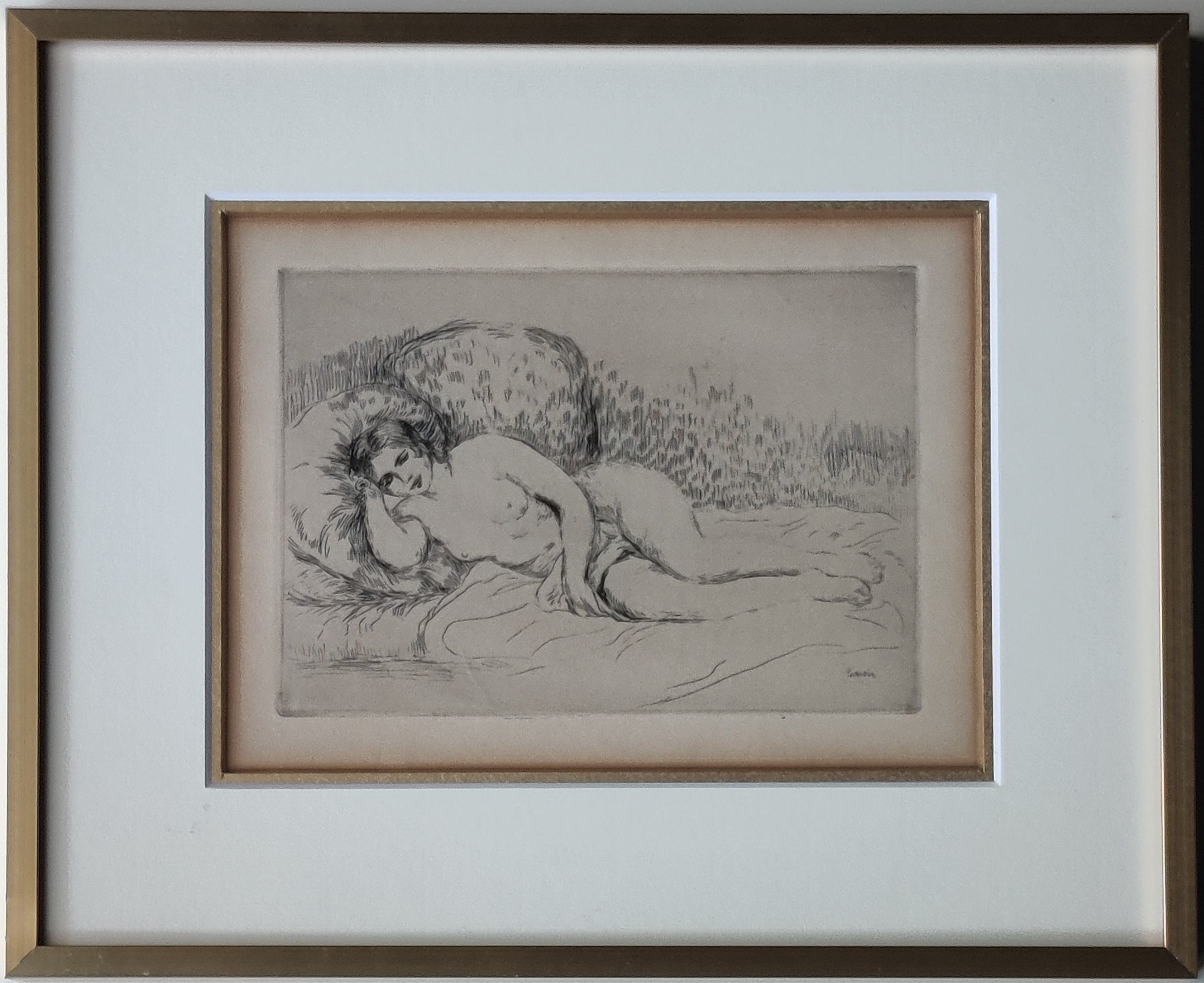 A drawing of a woman laying on a bed.