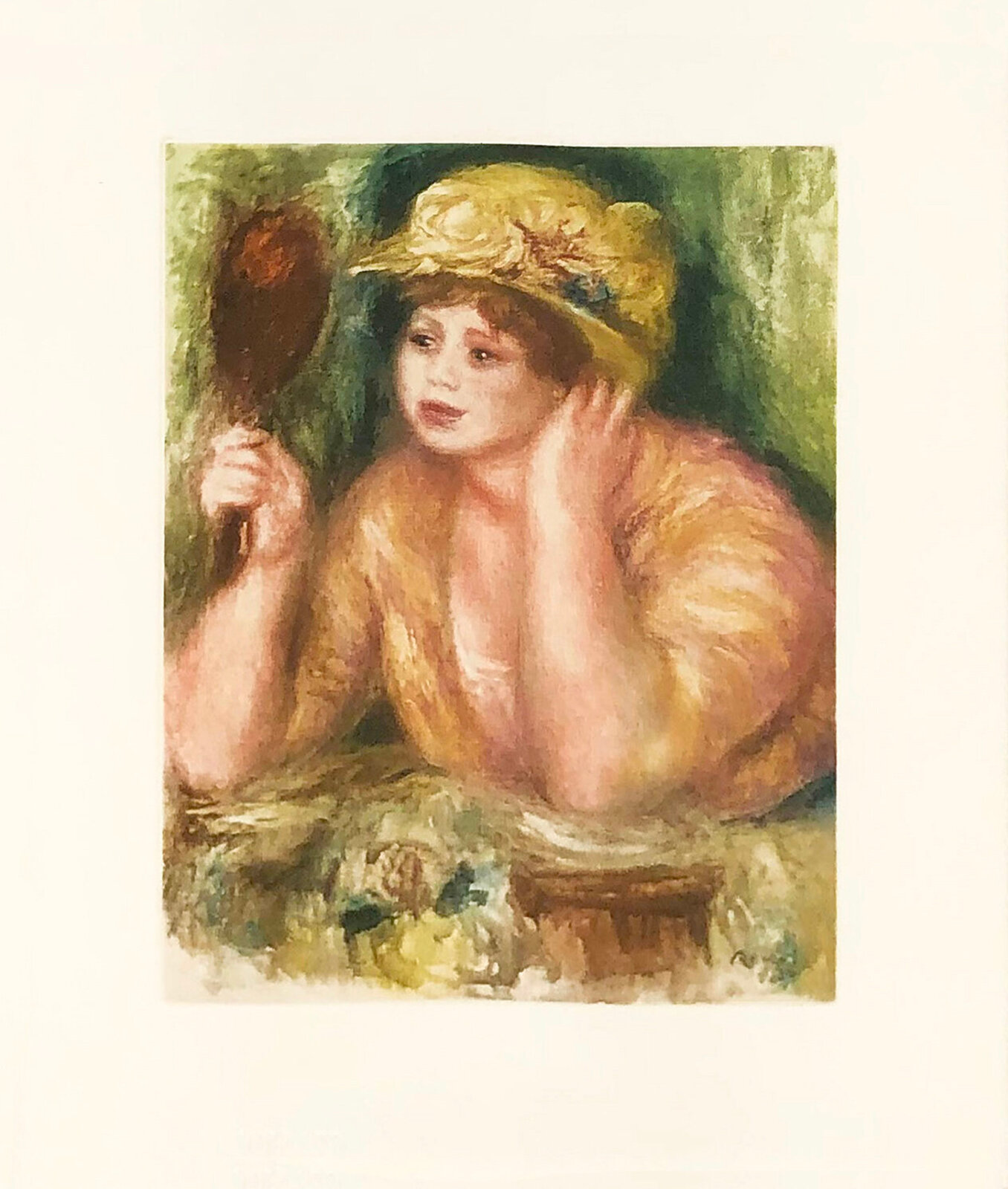 A framed pastel portrait of a figure in a yellow hat holding a mirror.