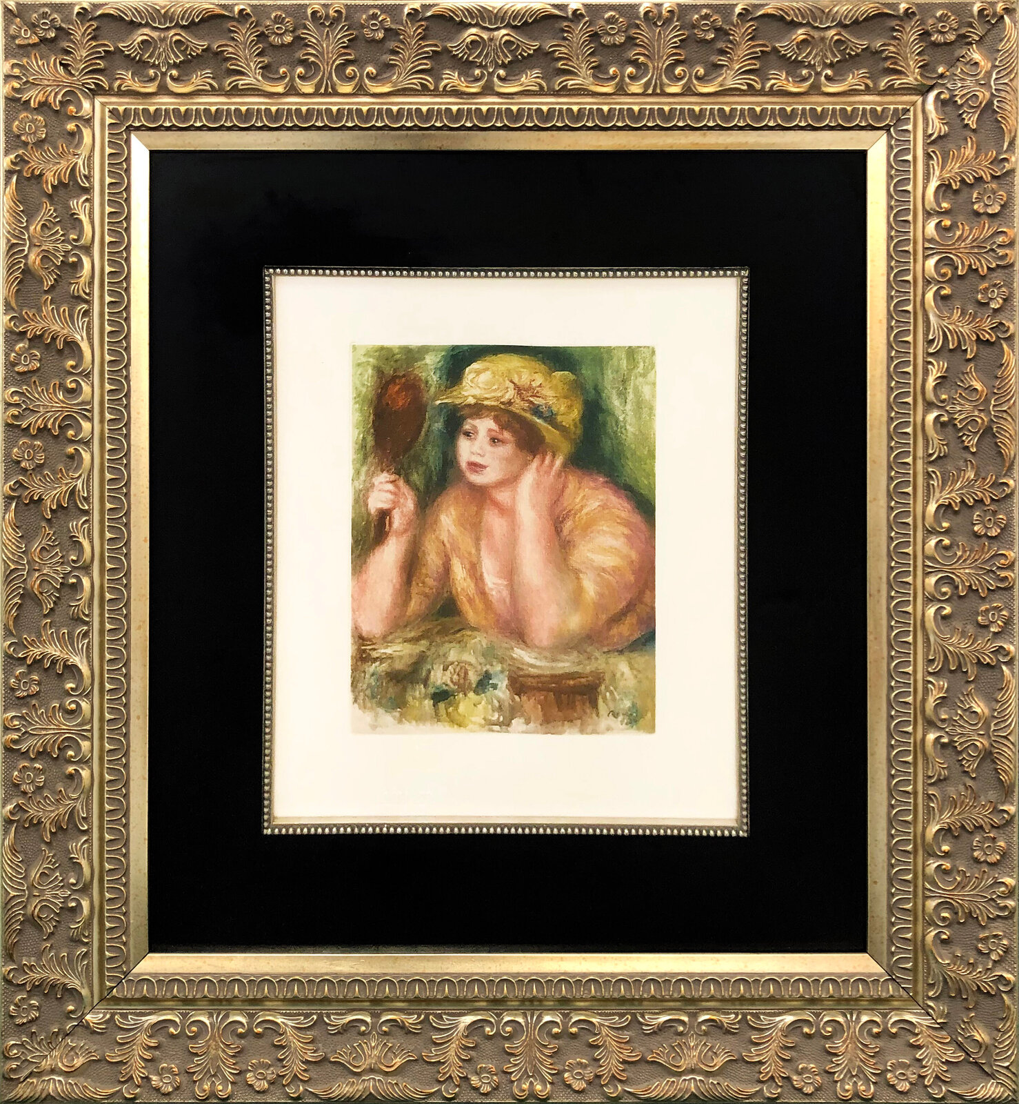 A framed pastel portrait of a figure in a yellow hat holding a mirror.