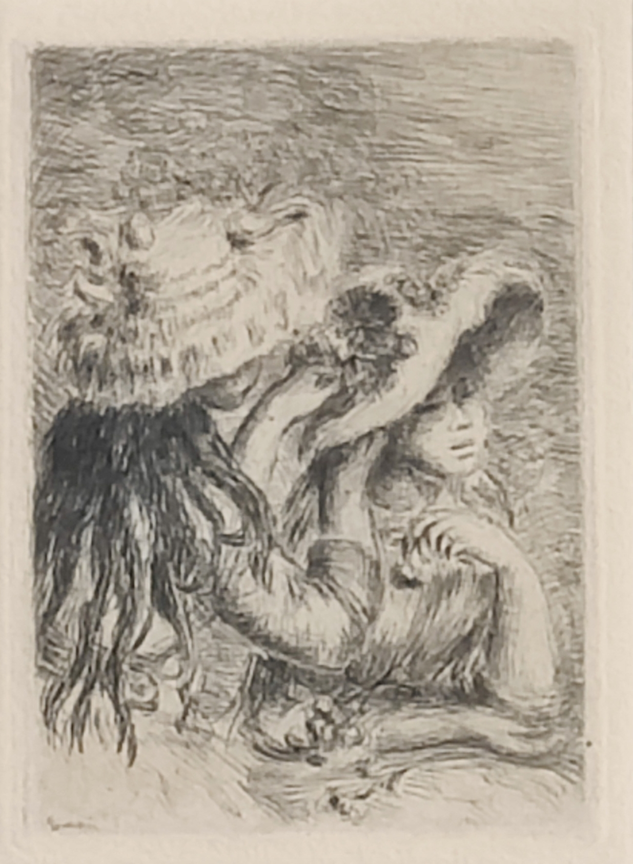 A black and white drawing of two women wearing hats.