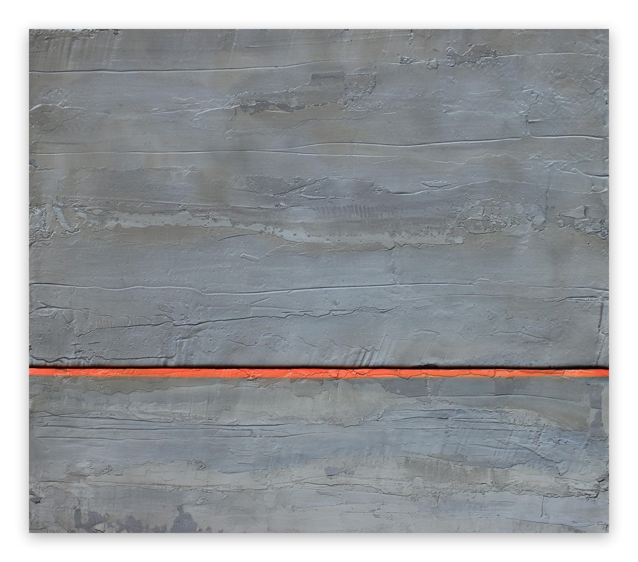 A painting of a gray wall with a red line on it.