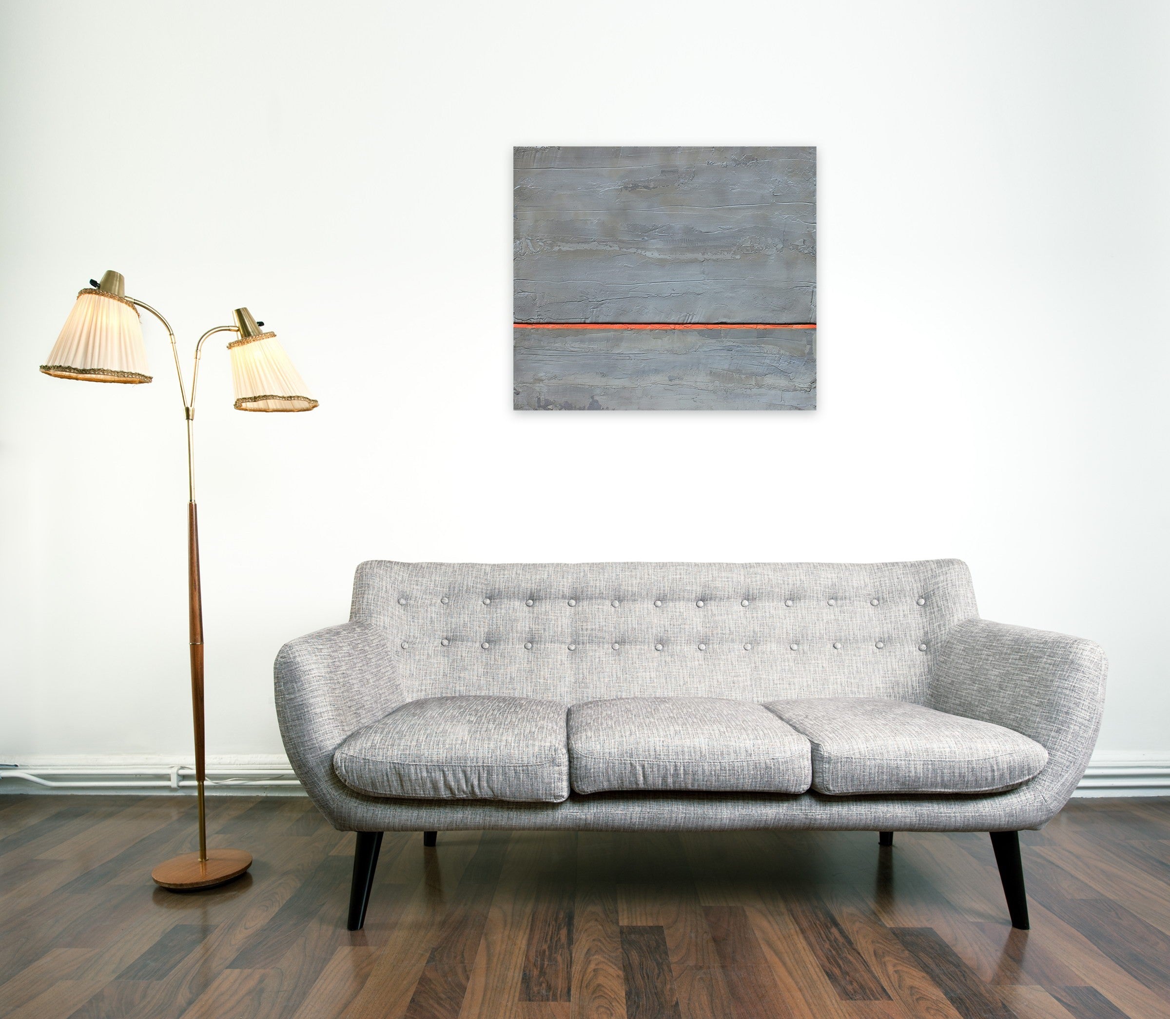 A painting of a gray wall with a red line on it.