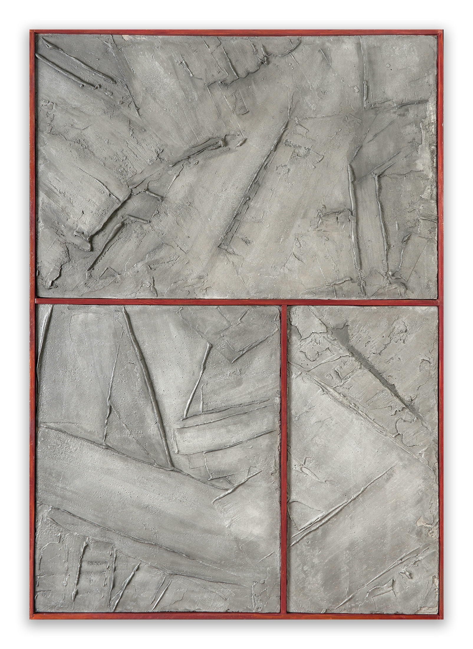 A painting with a red frame on a white wall.