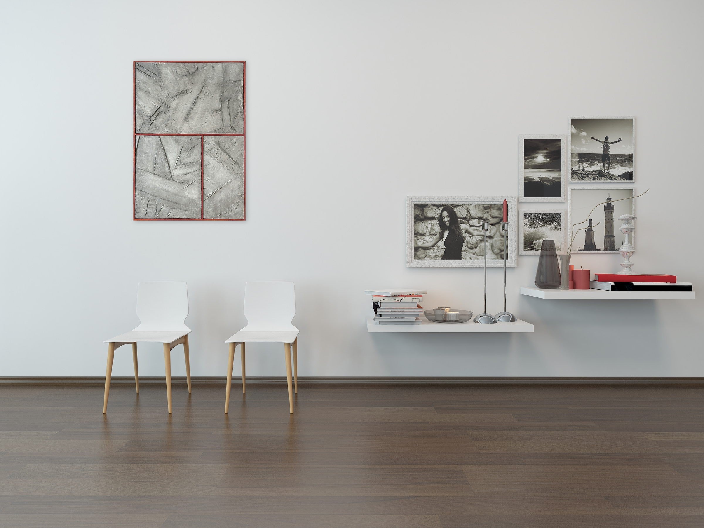 A painting with a red frame on a white wall.
