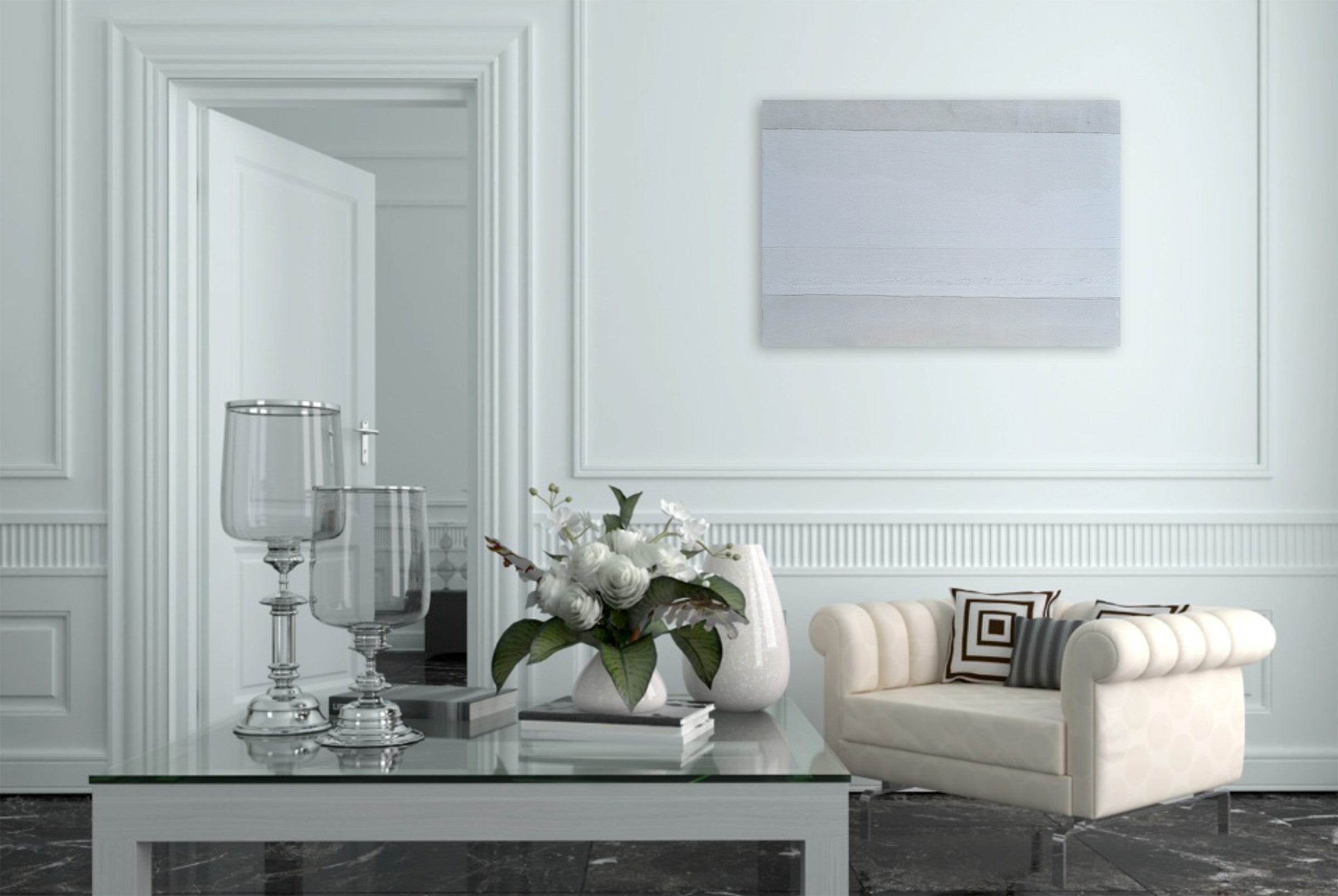 Artwork by Pierre Auville, Wanawhite, Made of Cement & marble powder on foam panel. Structural and hanging frame on the back 