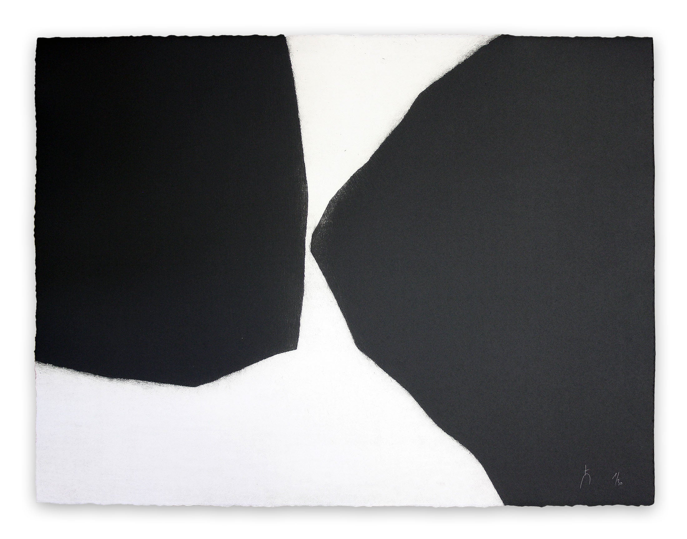 A black and white painting on a white wall.