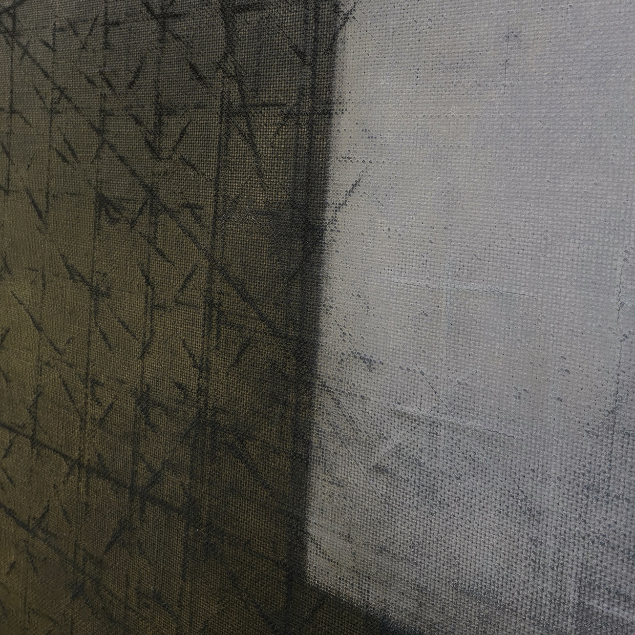 A black and white painting of a cross on a gray background.