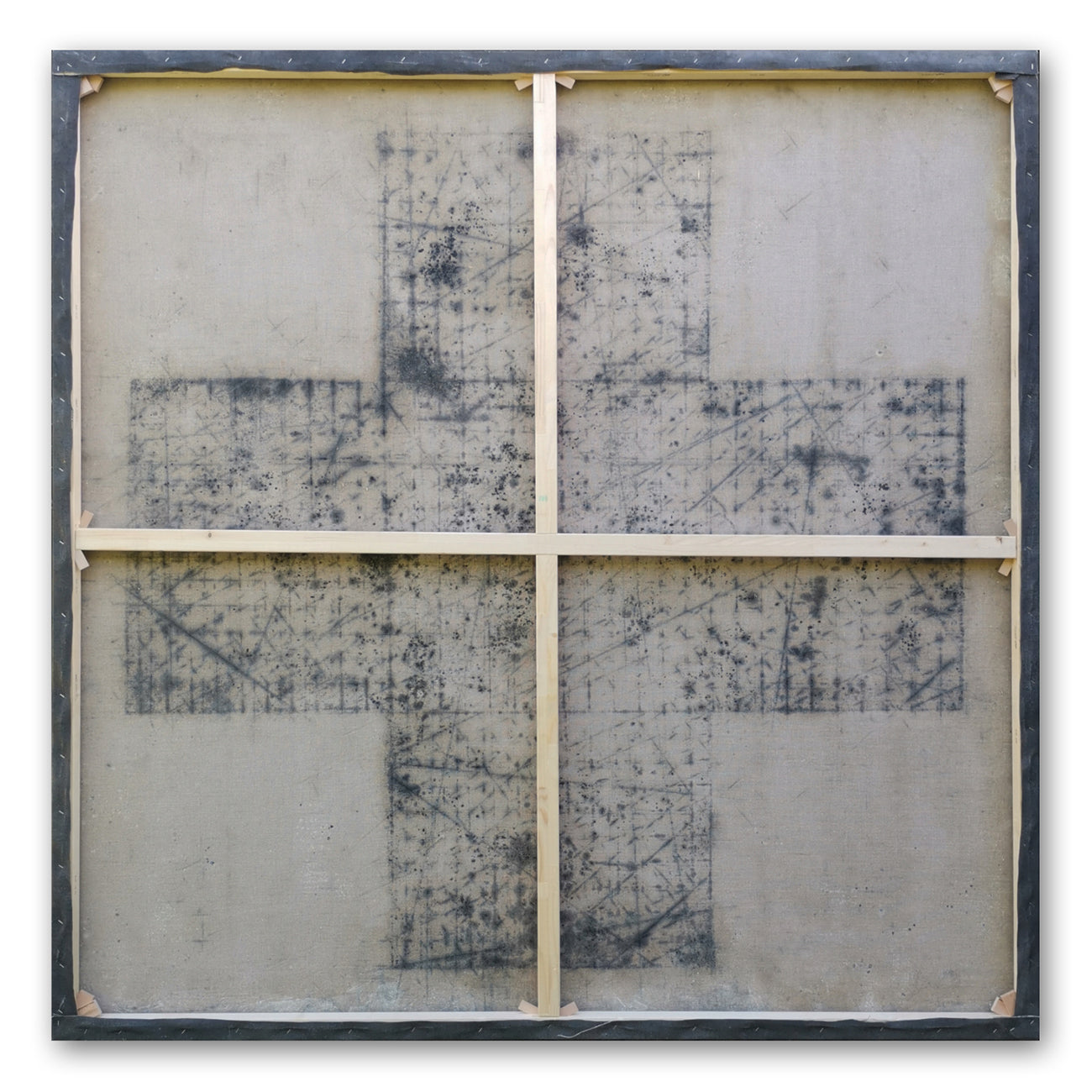 A black and white painting of a cross on a gray background.