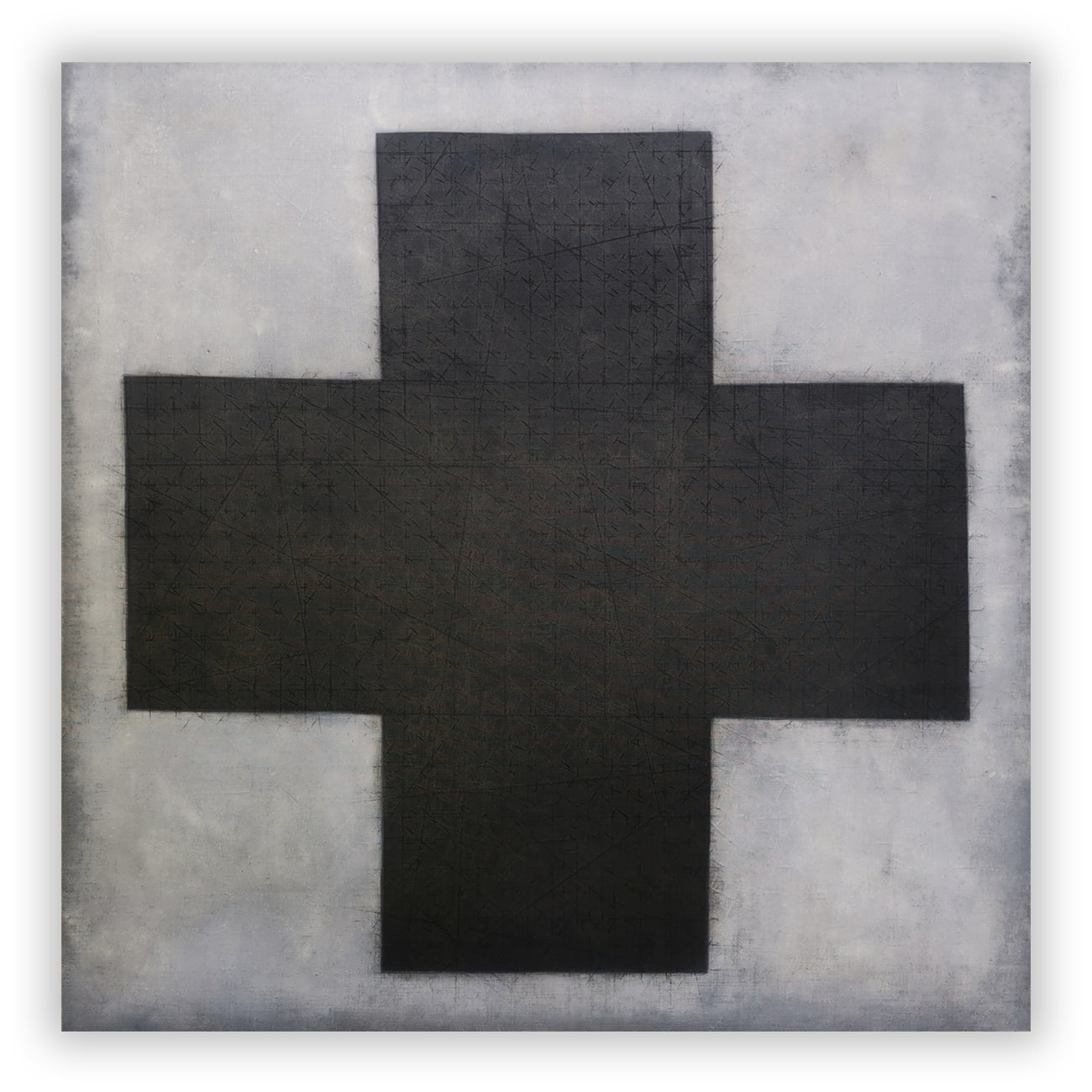 A black and white painting of a cross on a gray background.