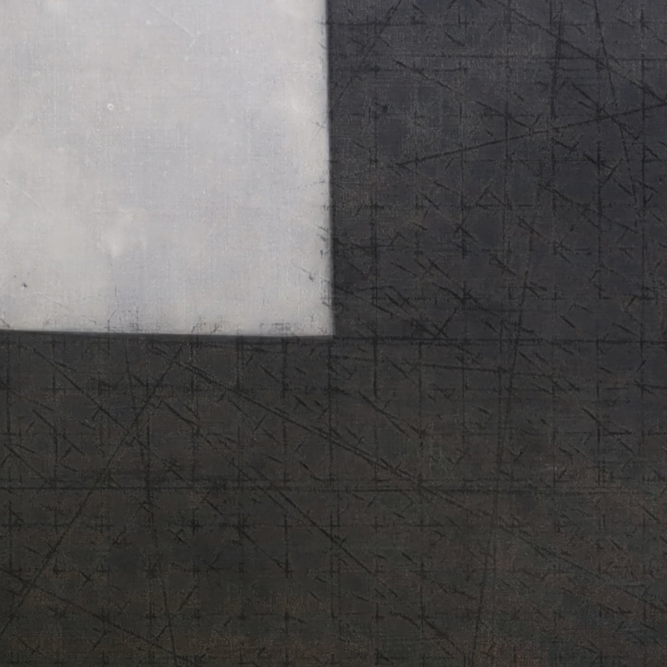 A black and white painting of a cross on a gray background.