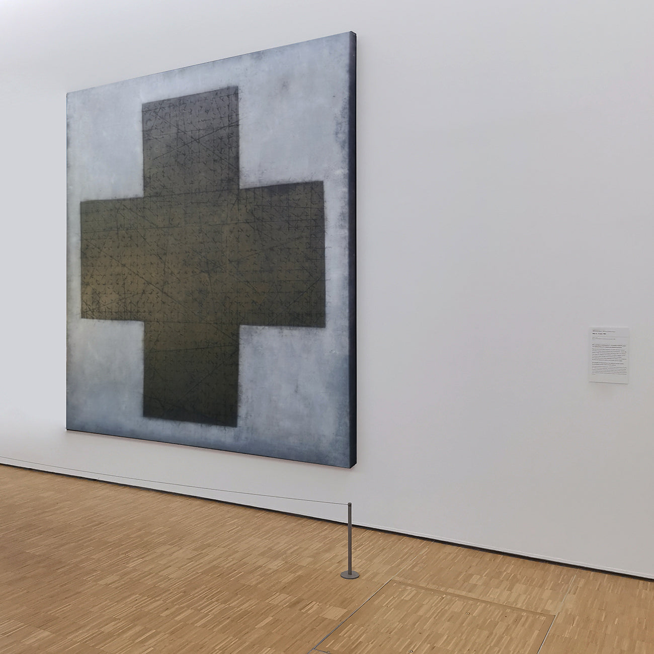 A black and white painting of a cross on a gray background.