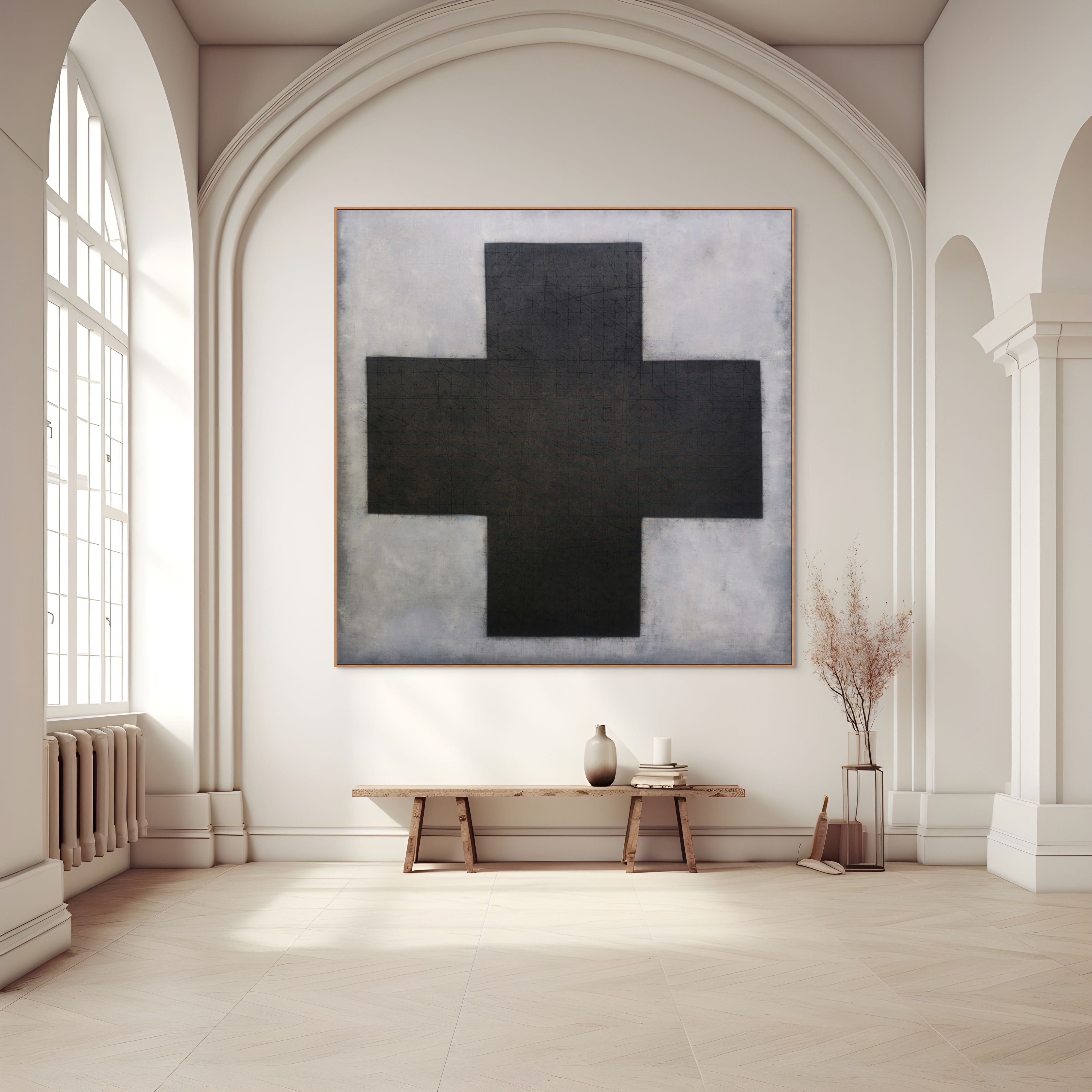 A black and white painting of a cross on a gray background.