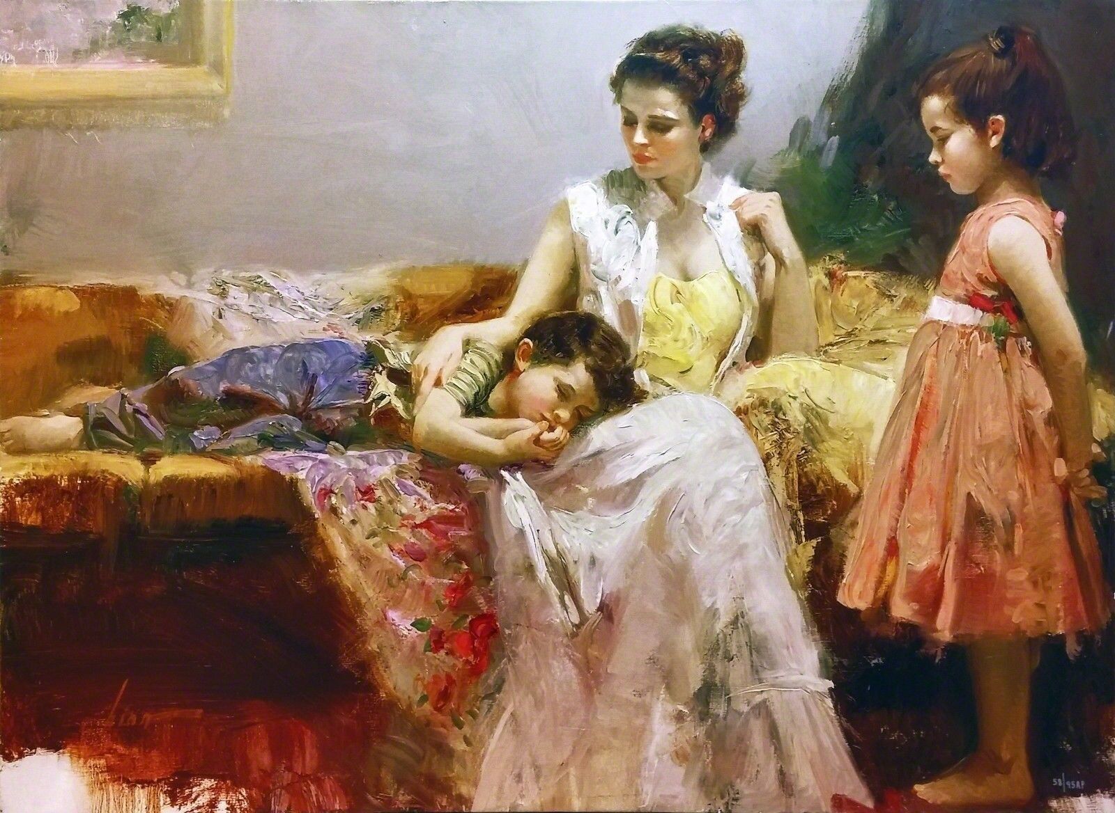 A painting of a woman and two children on a couch.