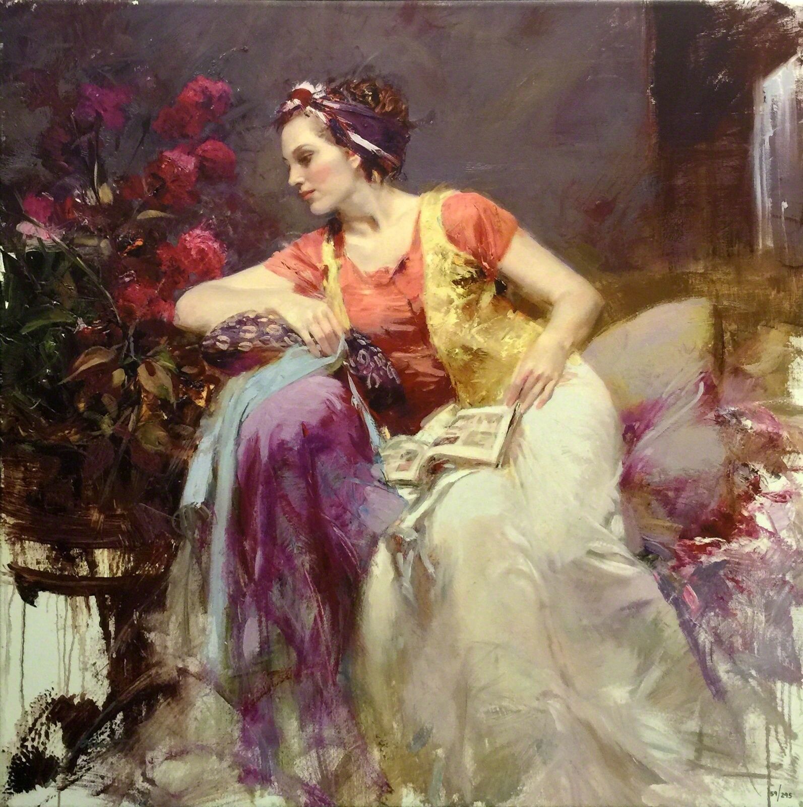 A painting of a woman sitting on a couch reading a book.