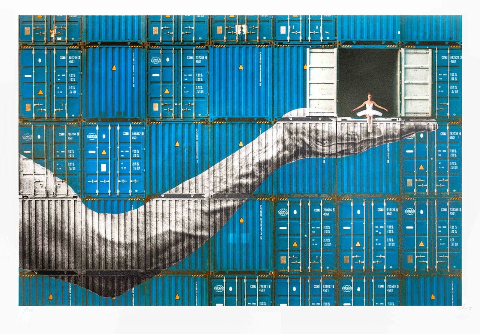 A surreal composition where a giant hand emerges from a grid of blue shipping containers to support a ballerina in an open container.